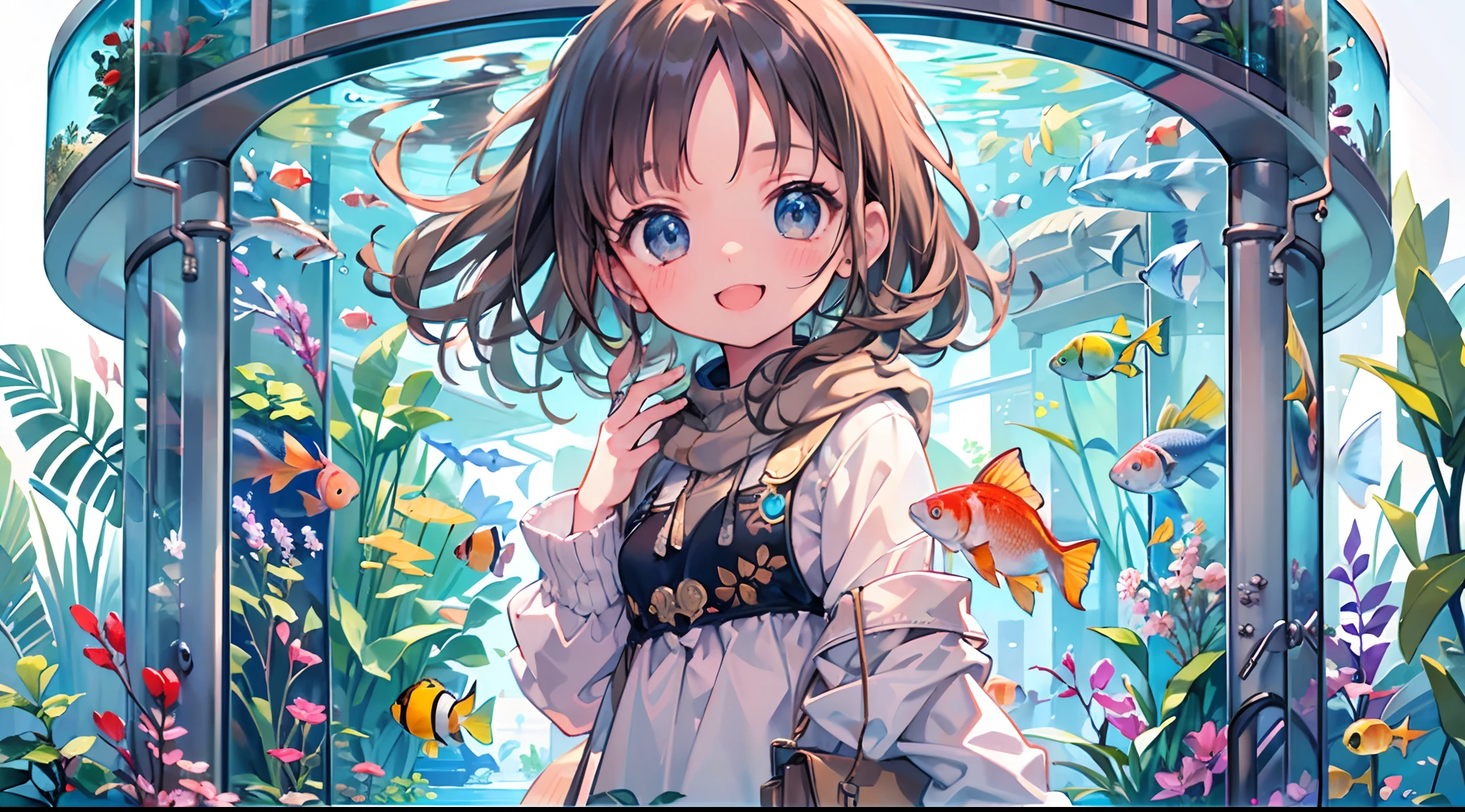 Masterpiece, top quality, super detailed CG, intricate details:1.5), 8k wallpapers, elaborate features,
(1 person, solo:1.4), perfect cartoon illustration, 1 girl, cute face, smile, large aquarium, staring to the water tank (and fishes) from outside the tank, full body illustration, distant view