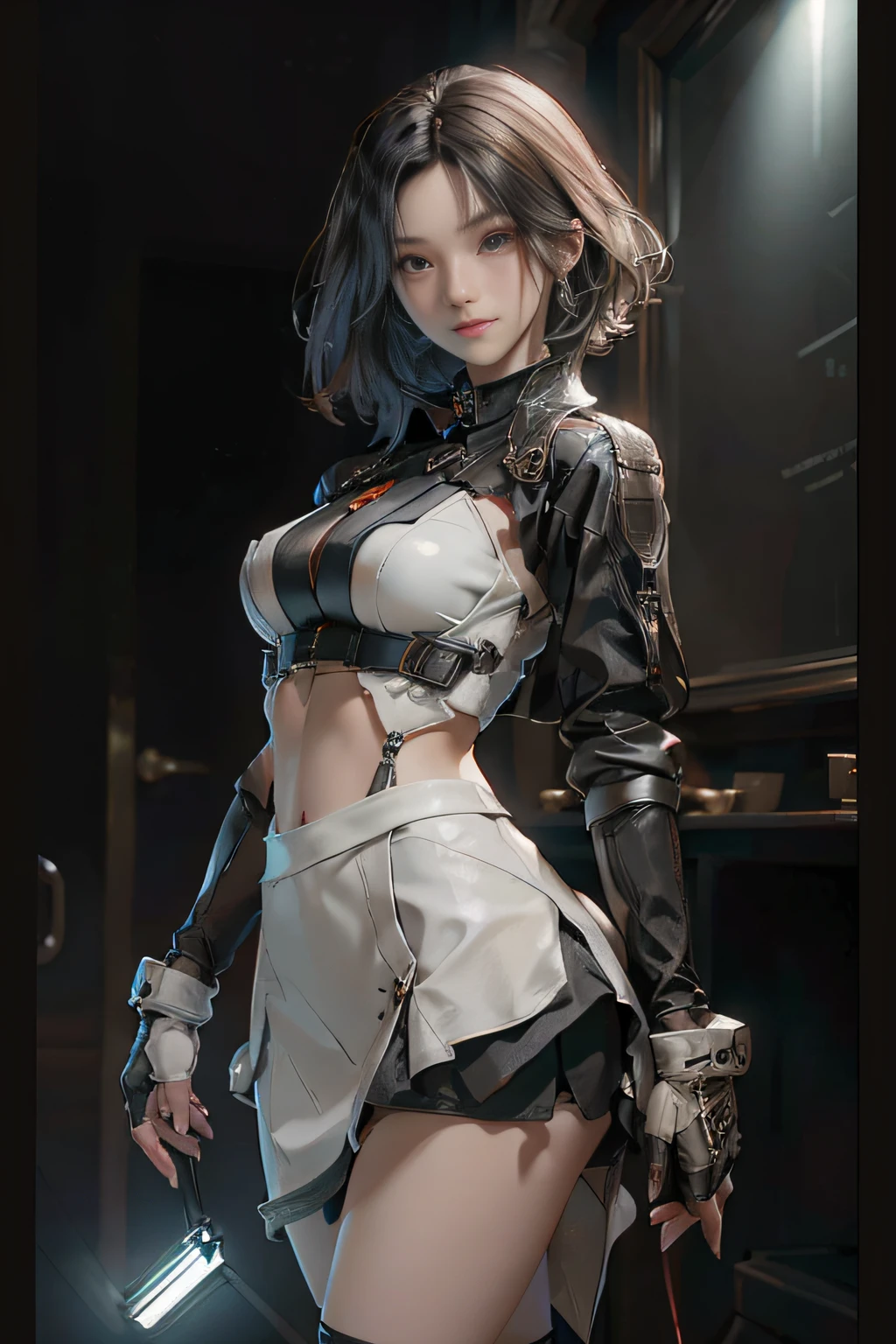 Perfect eyes), (Perfect hands), (Perfect fingers), (neck-length short hair: 1.5), (Concise tight skirt: 1.3), Silver hair, Collar, (gloves: 1.2), (guns), chains, in the distant future, the line between science fiction and fantasy has disappeared,(Very detailed CG 8k wallpaper), (Extremely delicate and beautiful),Beautiful lighting, Realistic Shadows, [High resolution], detailed skins, Ultra Detail, nffsw (High dynamic range), Ray tracing, NVIDIA RTX, Hyper-Resolution, Unreal 5, Subsurface scattering, PBR Textures, Post-processing, Anisotropy Filtering, depth of fields, Maximum sharpness and sharpness, Multilayer Texture, Albedo and Highlight Mapping, Surface Shading, Accurate simulation of light-material interactions, Perfect proportions, Octane Render, bi-color light, Large aperture, Low ISO, White Balance, thirds rule,
,Dutch Angle,Good anatomy),Dynamic Pose, actionpose, open pose, (dark brown eyes),with strobe light、Dramatic shadows and highlights、Create images with a sense of depth and three-dimensionality,1 Female Gothic、Tangles、ornate,