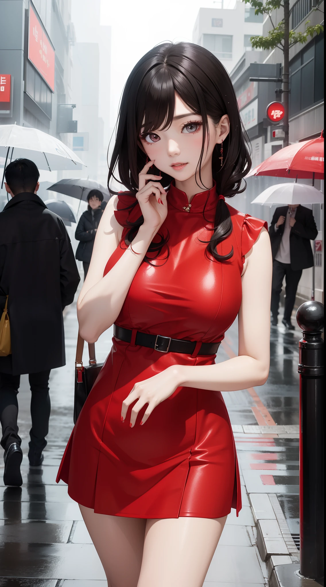 Beauty Korean idol wearing a Red Mini-Dress in a street,rain and fog outside
