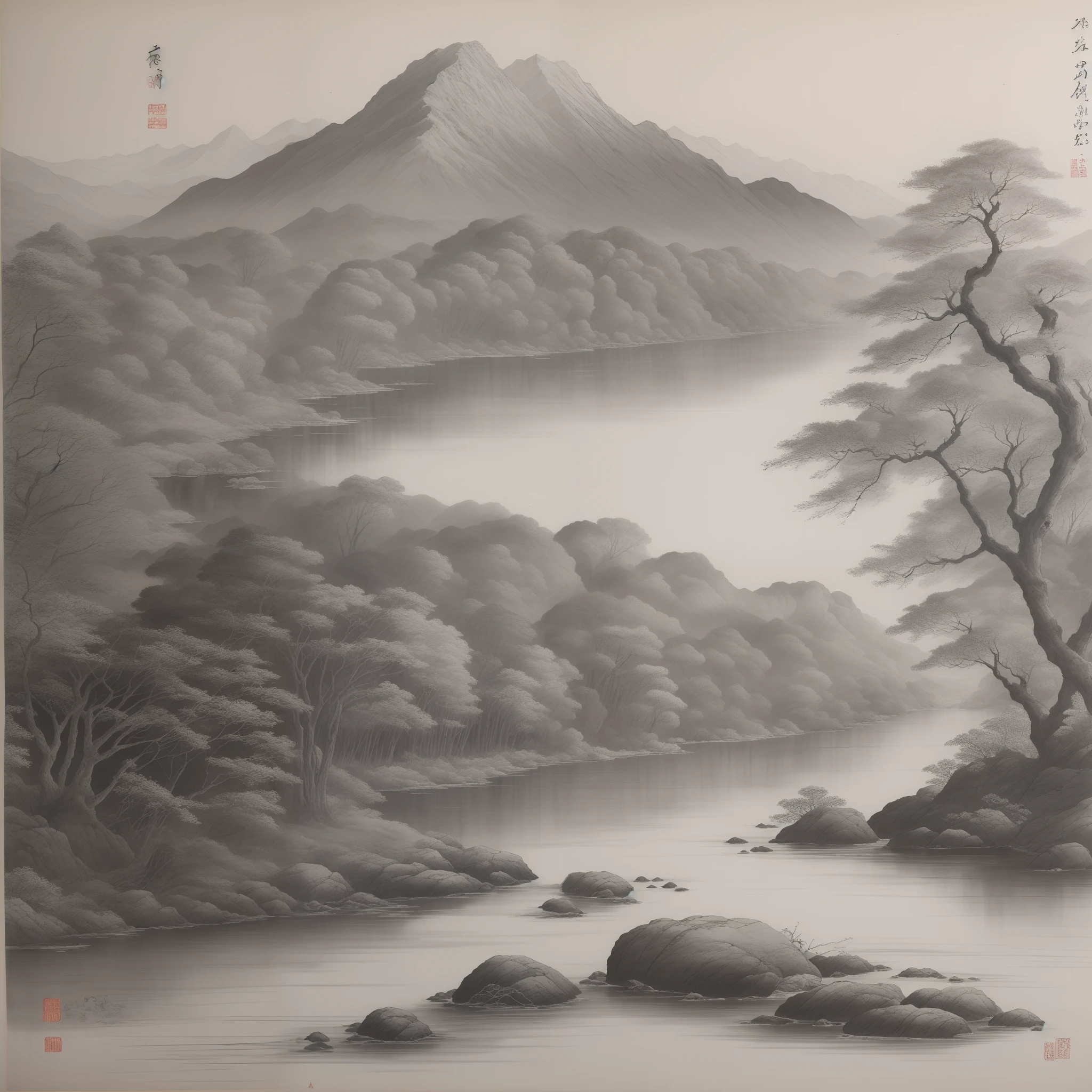 （tmasterpiece，best qualtiy：1.2），Tradition Chinese Ink Painting，mont，near a river，