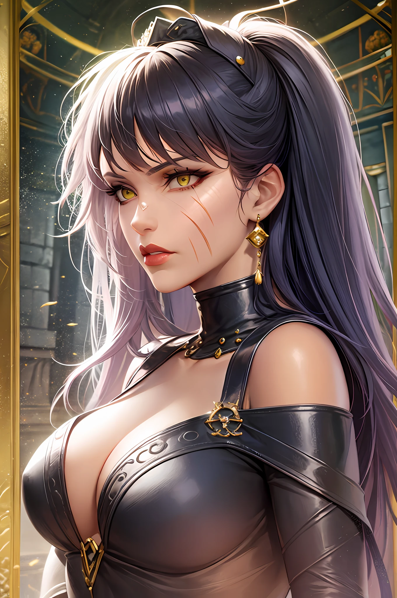 portrait of osira, eyeshadow, scar face, elegant, pronounced feminine features, (yellow eyes:0.6), (red lips:0.8), busty, large breasts, off shoulder black dress, elbow gloves, scowl, detailed background, ancient stone room, volumetric lighting, centered, realistic, best quality, masterpiece