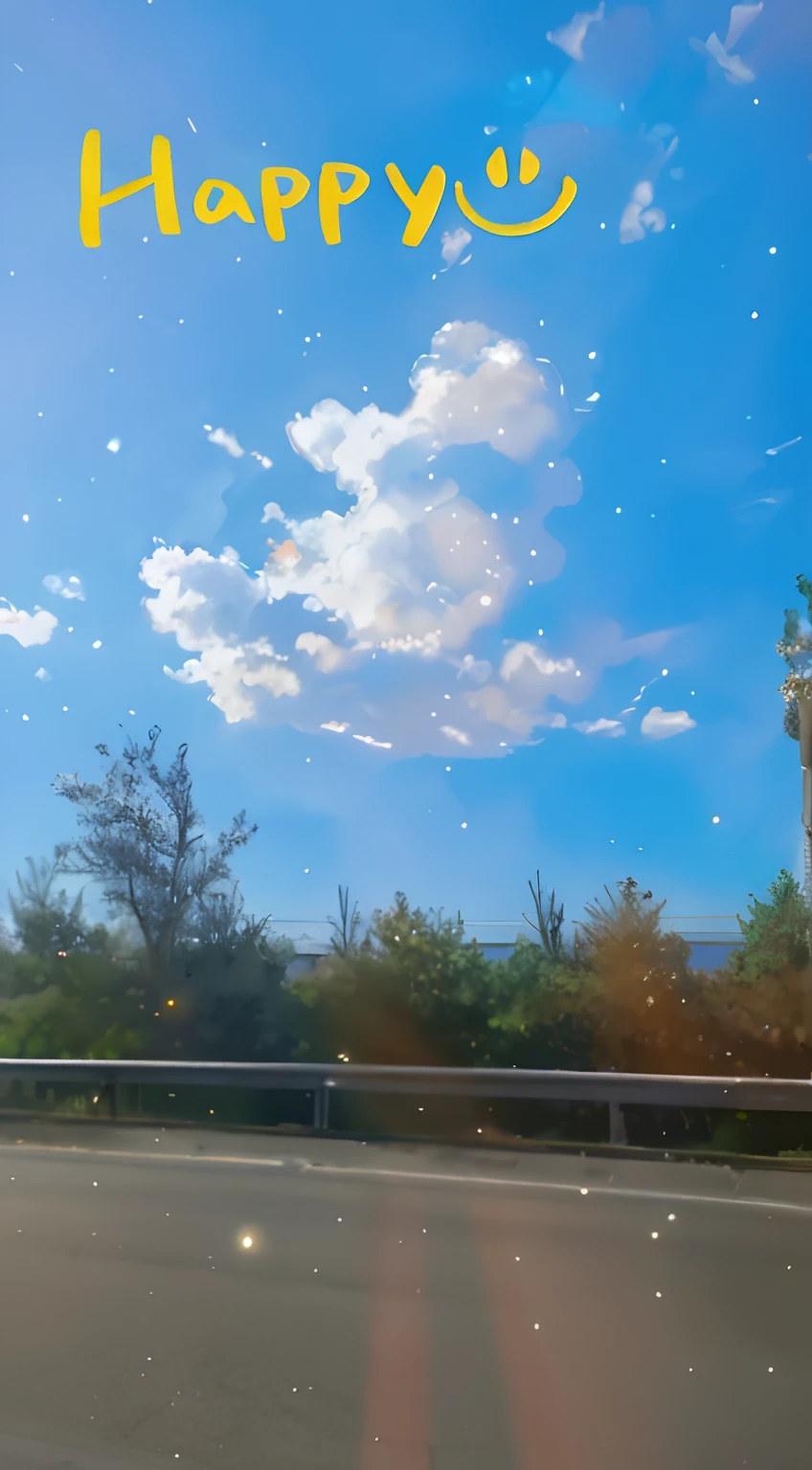 There is a picture of a happy day, Anime Sky, beautifull puffy clouds. anime big breast, Anime Cloud, Realistic sky, visible sky and sunny atmosphere, glistening clouds in background, ufos in the sky, the sky is beautiful and clear, Sky in the background, Anime style mixed with Fujifilm, Sparkling sky, Time - the passage of time, surreal sky