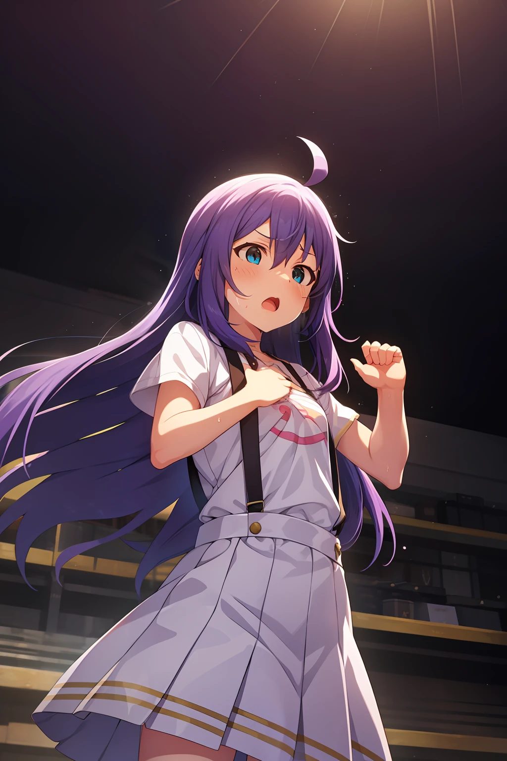 mochizuki anna,1girl in,Solo,Long hair,Purple hair,Medium chest.Ahoge,Blue eyes.Short stature.white t-shirts.suspenders.Skirt.Evening glow.the setting sun.Despair face.Sweat.Opening Mouth.up chest.Fighting stance.