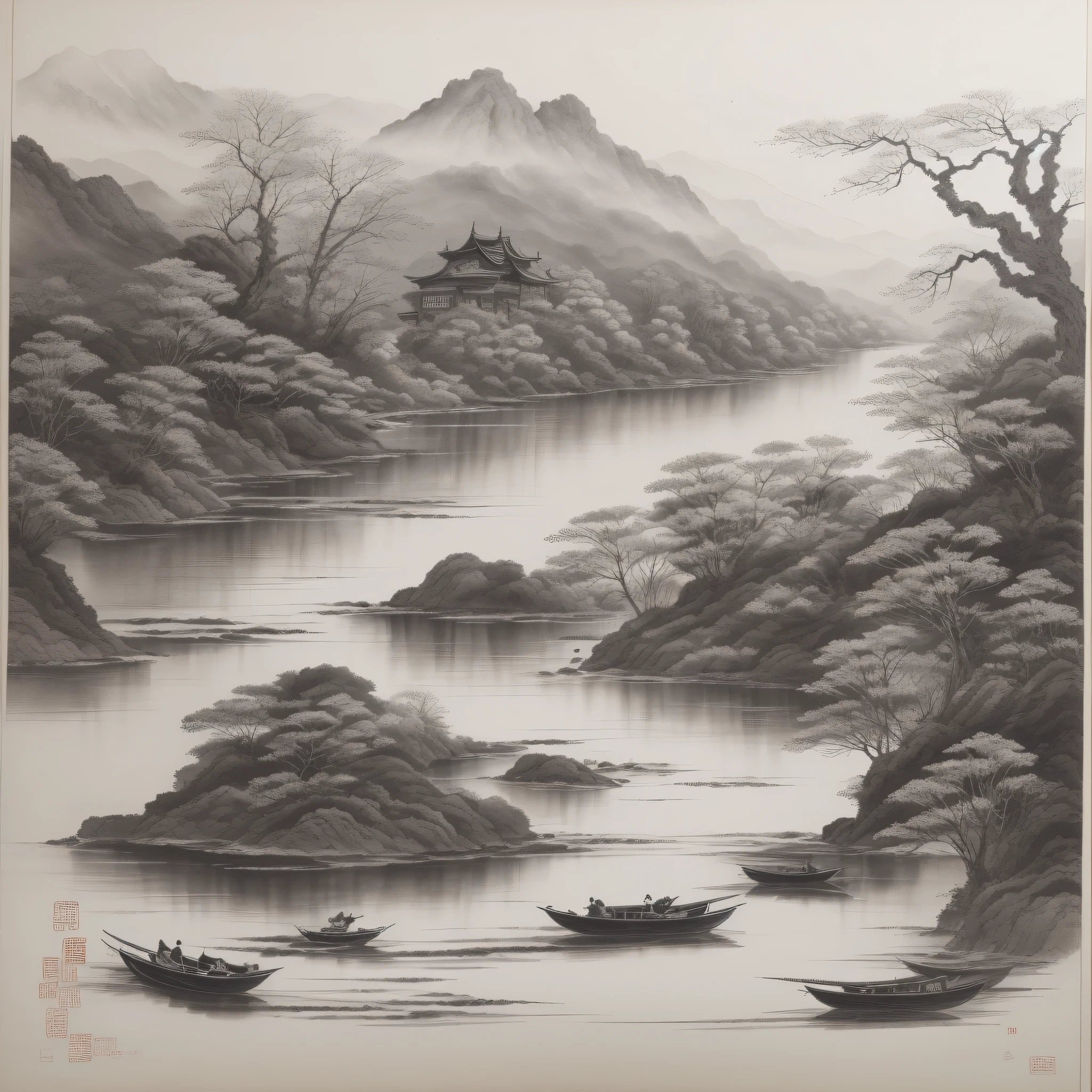 （tmasterpiece，best qualtiy：1.2），Tradition Chinese Ink Painting，mont，near a river，