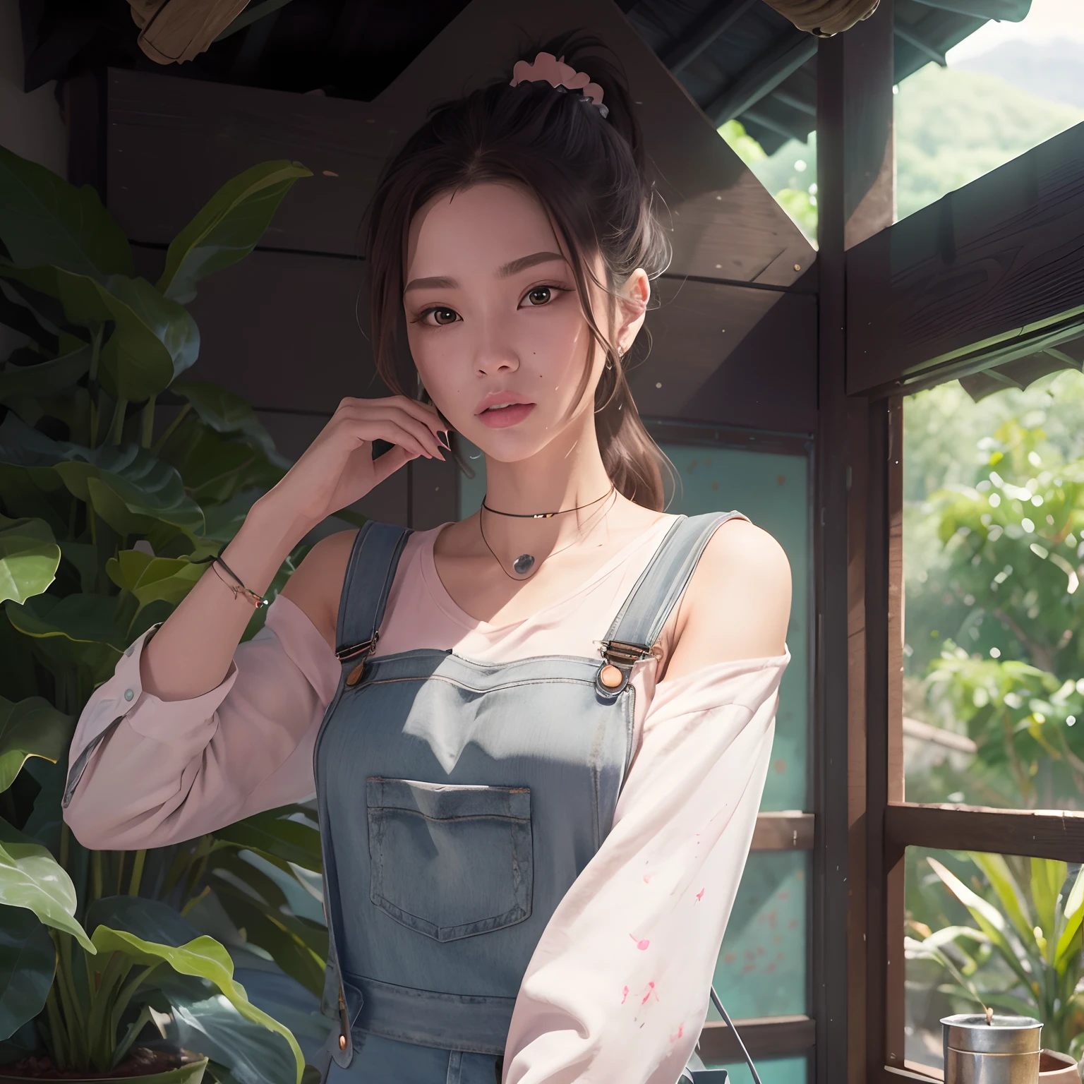 there is a woman that is standing in a room with a cell phone, artwork in the style of guweiz, trending on cgstation, realistic artstyle, guweiz, realistic anime 3 d style, in the style of ross tran, inspired by Yanjun Cheng, realistic art style, casual pose, ross tran style, realistic cute girl painting, 🌺 cgsociety