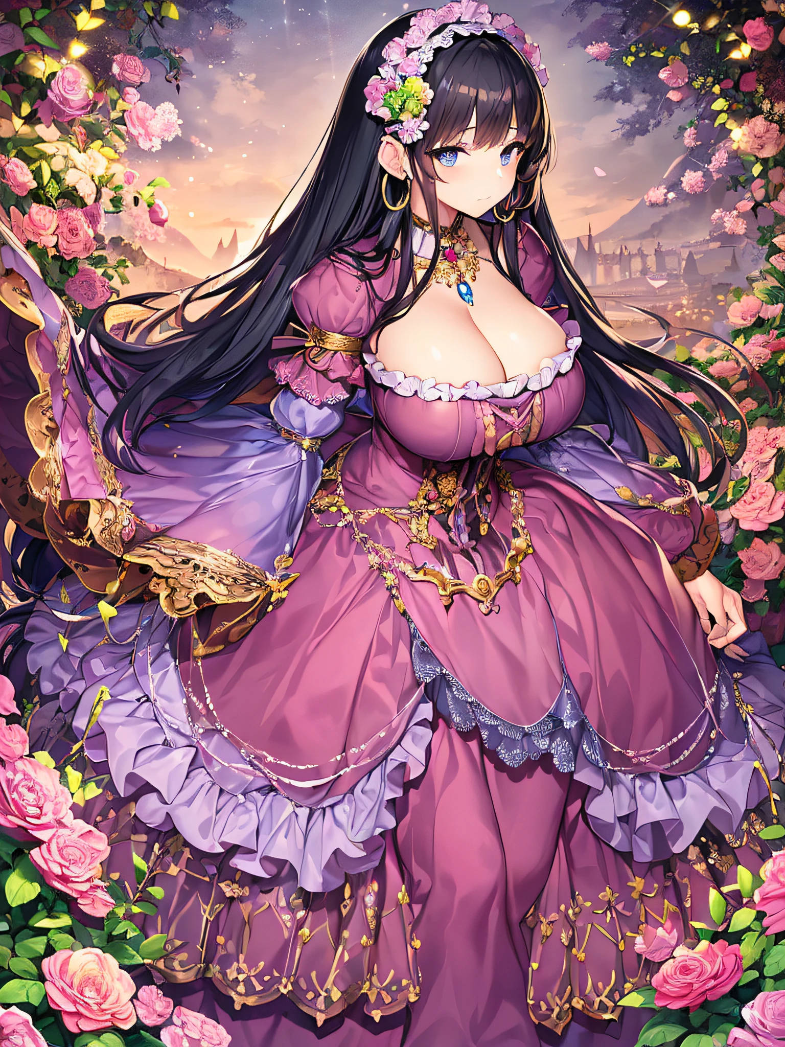 ((anime artstyle)),(Masterpiece),(Best Quality), (Super Detail),((Very Delicate and Beautiful)),(((Solo))),((full body)),(((1 princess in pink ta dress with voluminous full length hoop skirt))),((standing in garden)),Long train,(bling-bling gorgeous gemstone jewelry),detailed face and eyes,jewel-like eyes,cry,((large amount of straight hair,extremely voluminous Very Long Straight Hair)),((gigantic tits,Long tits)),cleavage,(gorgeousfull embroidery and lace),gorgeous corsage,See-through,((extremely gorgeousfull loliair ornament)),bling-bling extremely gorgeousfull jeweled tiara,ornate ruffles,beautiful embroidery,(hoop skirt,crinoline),flowers, flower petals flowing,((Dynamic Angle)),Looking at viewer,((full body)),sweet lolita d with voluminous full length hoop skirt