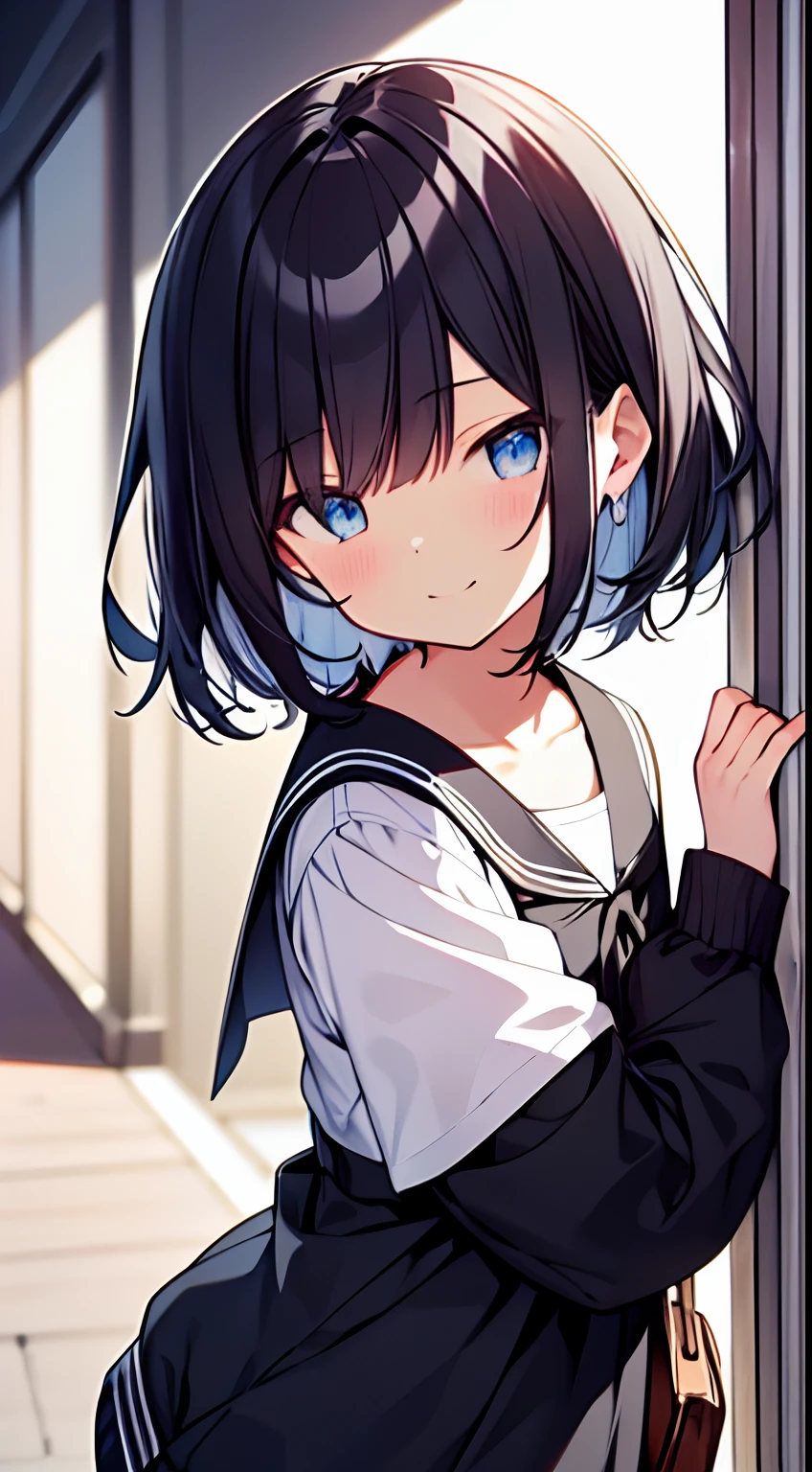 masutepiece, Best Quality,Illustration, Wallpaper, Ultra Detail, 1loli,Solo,Beautiful detailed eyes,Thick contour lines、Medium Short-Cut Hair、(student clothes)、Dark hair color、A smile、Walking next door、Kamimei、Overlooking angle:1.2