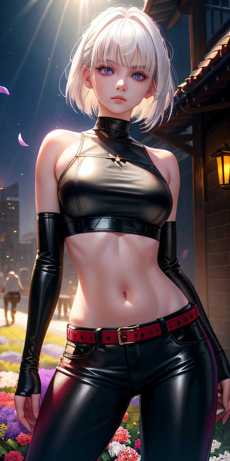 realisticlying，1girl，White hair，Purple eye，glowing light eyes，Cut the top，a skirt，parted lip，Be red in the face，the night，fresh flowers，suns，rays of sunshine，（boobgasm：1.2），crop tops，leather pant,
