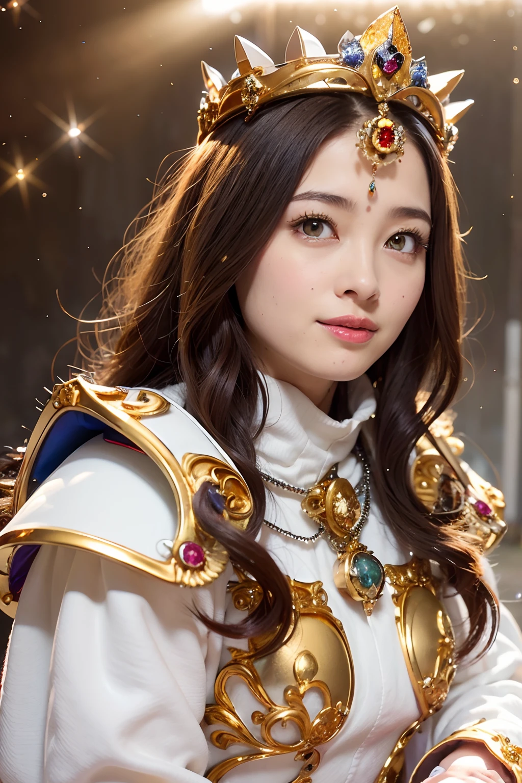 (masutepiece), Professional , masterpiece、top-quality、photos realistic , depth of fields (Gemstone Silver Metal Body:1.9),(Matte White、Particles of light、Jewel Gold Weapon(Jewel Metal Body:1.4),Gorgeous metal weapons , Detailed Sword of the Brave , Beautiful knife ,warhammer 40k , adepta sororitas,Detail and ornate jewel crown、Particles of light、Brown hair、Gangle's forest background、Beautiful Caucasian beauty、1a person、dynamic ungle,(((Detailed and ornate diamond crown)))、Particles of light、Mystical expression、Smaller head、A smile、