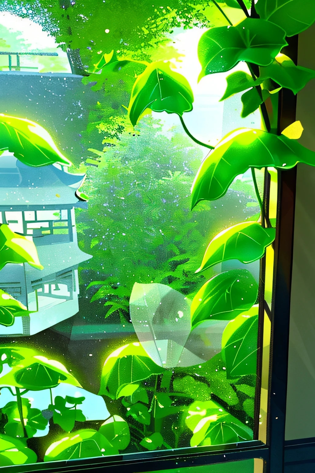 White dew in the twenty-four solar terms in China, natural landscape, window of a Chinese garden, there are many green plants around the window, emerald green is the theme color, there are dewdrops on the leaves, close-up view, no perspective
