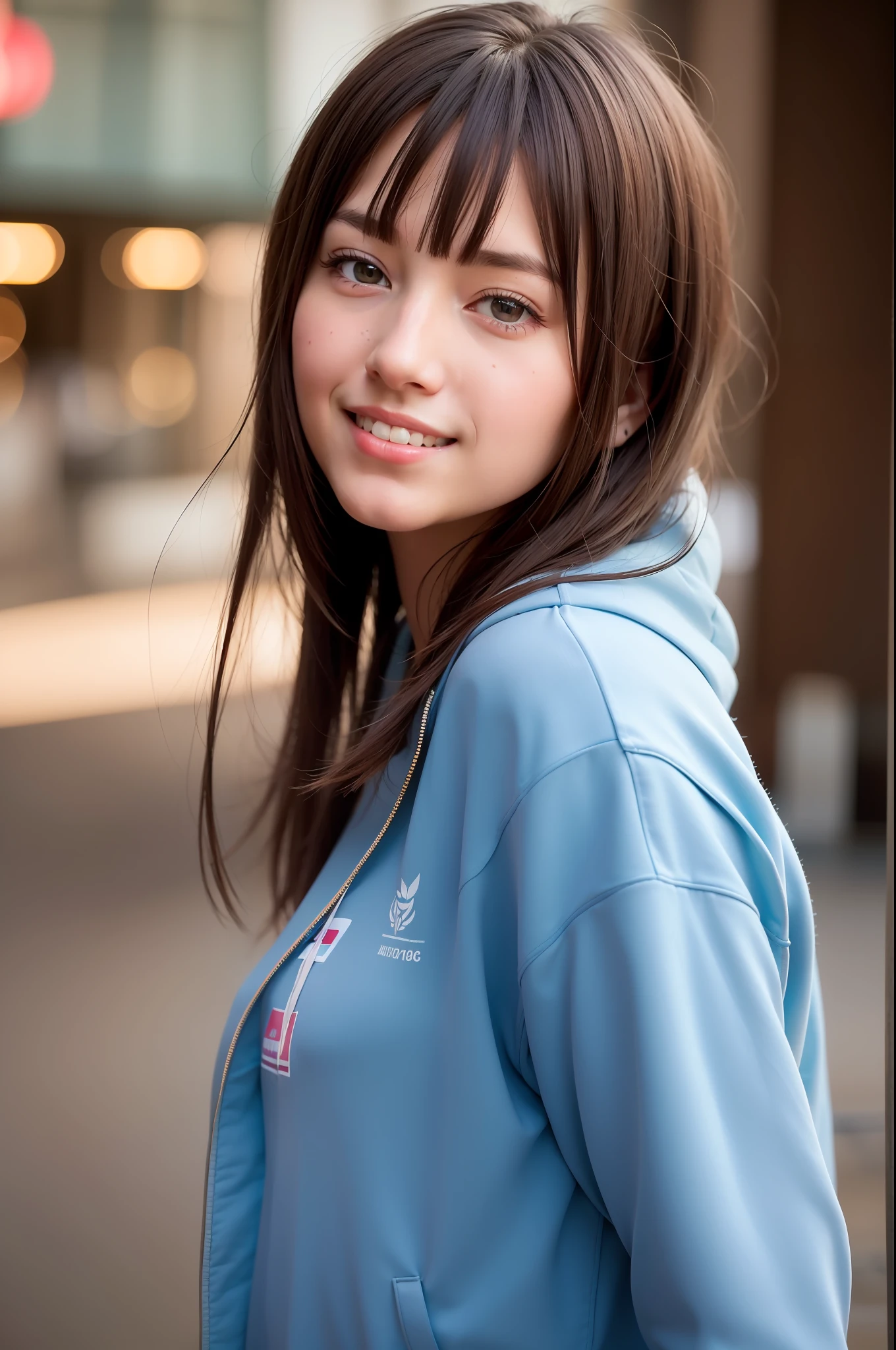 (8k RAW photo,best quality, masterpiece:1.2), (realistic,photo-realistic:1.37),omertosa,1girl,city,professional lighting,photo mapping,radiosity,physically-based rendering,blue backlight bokeh,smile,mature,head portrait,sunlight,blone,short jacket,school uniform,hoodie,short hair,floating hair, summer
