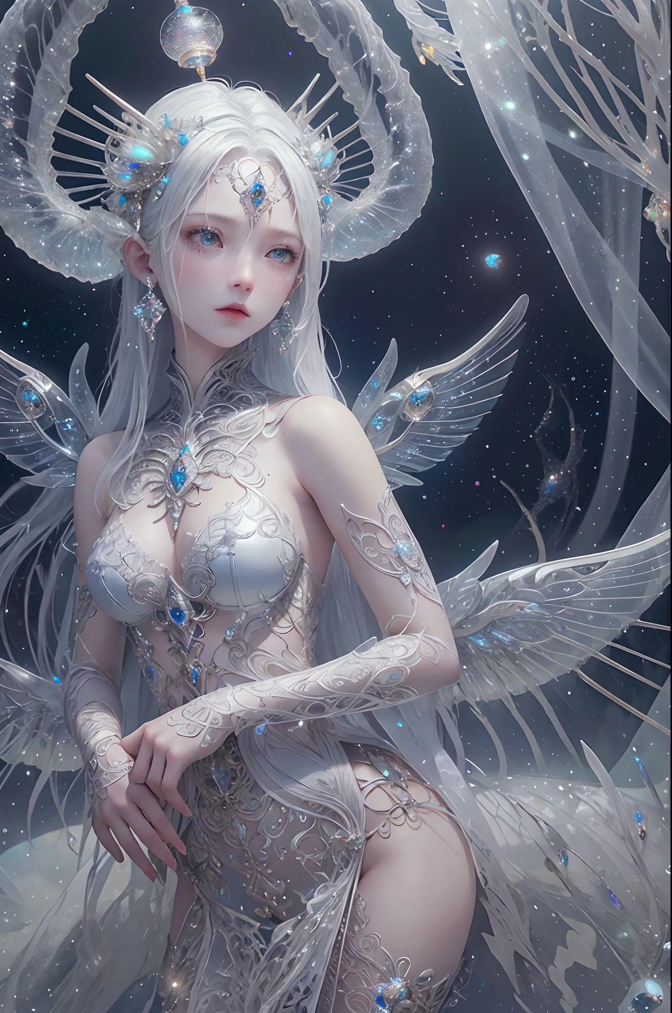 Masterpiece, High Quality, Ocean Forest, City, Fantastic Fantasy, Glowing Plants, Coral Viaduct, (Swarm of Glowing Jellyfish), (Shoal of Fish with Transparent Wings Flying in the Sky), Misty, Extreme Detail, Morning Light, Epic Composition, (Intricate Detail), (Intricate Design, Ultra Detail: 1.2), Art Station, (Masterpiece, Best Quality), Ultra HD, 32k ,castle,1girl