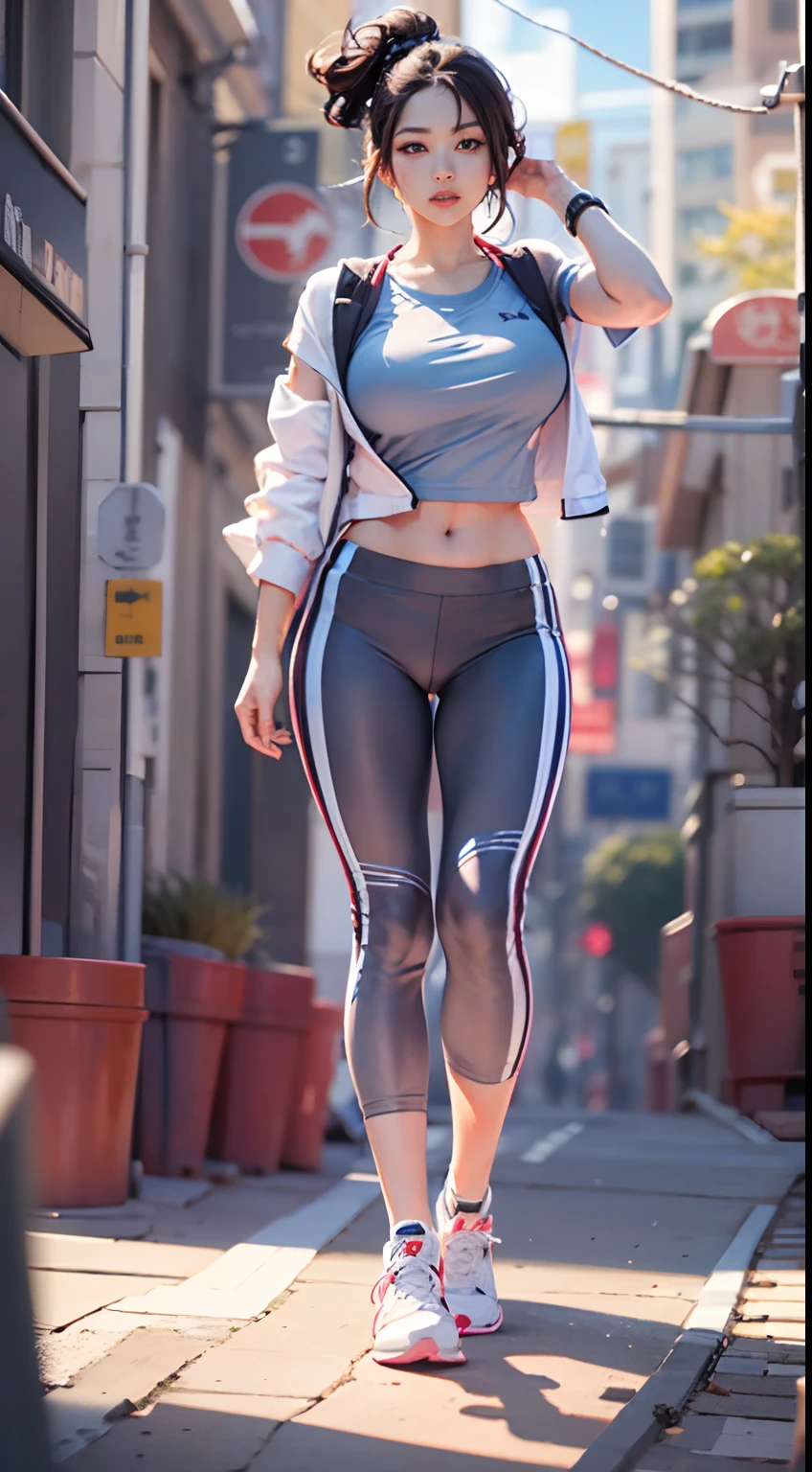 A Japanese woman walking in the city，Buildings，A plant，ssmile，Mixed Korean，The background is blurred out，focal，电影灯光，(((tmasterpiece))), ((best qualtiy)), ((Complex and detailed)), ((ultra-realistic realism)), Ridiculous resolution, A MILF, Mature woman, ssee-through, highly  detailed, illustratio, 1girll, (huge tit), Thin waist and thick hips，long leges，beatiful detailed eyes, short detailed hair, brunette color hair, a purple eye, (Sports suit:1.2),Sports coat，Sport Tank Top，track pants，Yoga pants for，Yoga Wear，Physical Education Student，sports watch，athletic sneakers，gossamer，（underdressing）, pantiess, Sports socks，detailed back ground, perfect  eyes, Seductive eye, looking at viewert, From the front，Wear light，