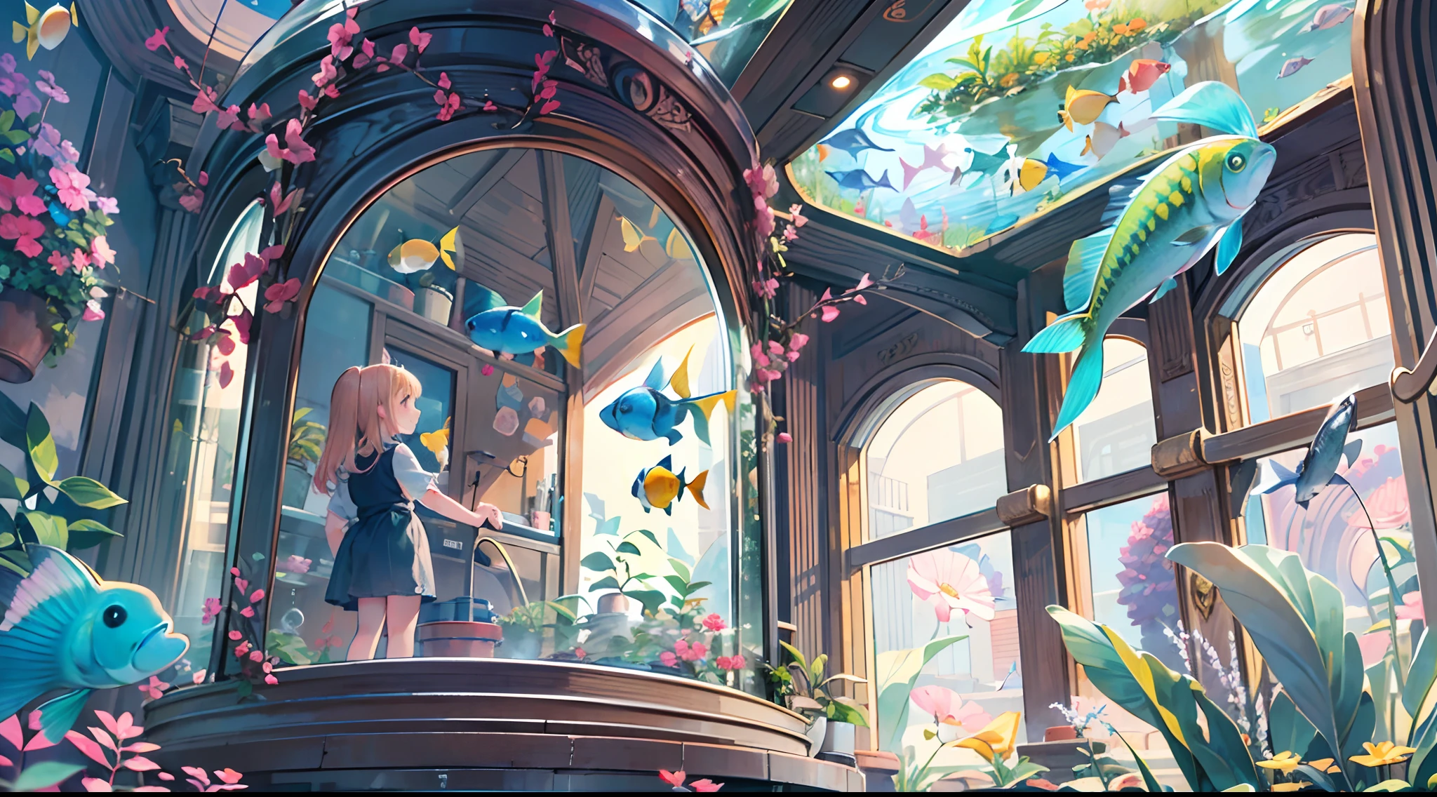 Masterpiece, top quality, super detailed CG, intricate details:1.5), 8k wallpapers, elaborate features,
(1 person, solo:1.4), perfect cartoon illustration, 1 girl, cute face, smile, large aquarium, staring to the water tank (and fishes) from outside the tank, full body illustration, distant view