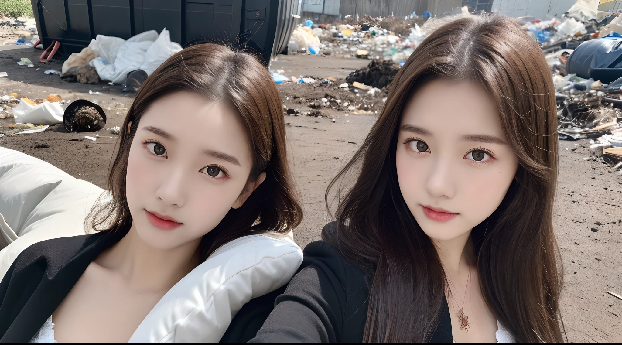 (High-resolution 8K raw photos are realistic,best qualtiy),Stylish long-sleeved off-the-shoulder top,(Rest your head on a rotten pillow,The woman was lying on the ground,Shoot from above,half-body shots,Close-up,self-shot,Microlenses),Brown hair,Skinny and small,beautidful eyes,Super detailed face,Beautiful woman,Tight and thin waist,Bigchest,Teenage uncensored,cute female child,Glowing skin,20yr old,(mud ground,Black water,Garbage heap:1.3),Sharpen,Chiffon,Gauze skirt,lacing,Front light,cleavage