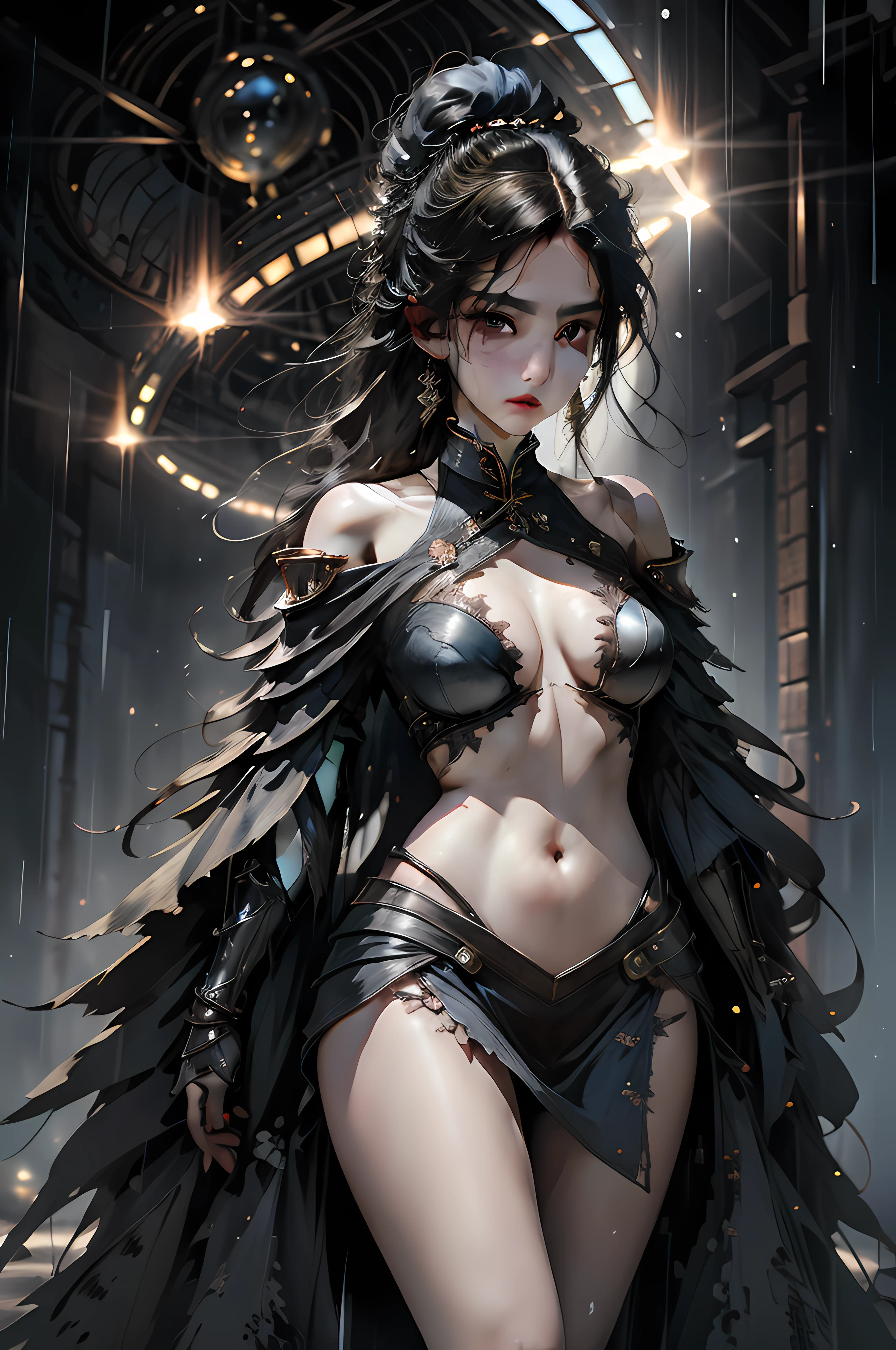 8k, complex, elegant, highly detailed, majestic, digital photography, denim lens, surrealist painting, broken glass, beating magic, (masterpiece, side light, fine beautiful eyes: 1.2), HDR, void 5 energy lightning storm, (Chinese girl, black eyes: 1.5), pale skin, glowing skin, fighting stance, delicate face, black hair, wearing palatial battle armor, bare shoulders, navel, short skirt, exquisite metal armor, raining, beautiful, facing the audience, facing the camera , masterpiece, upper body,
