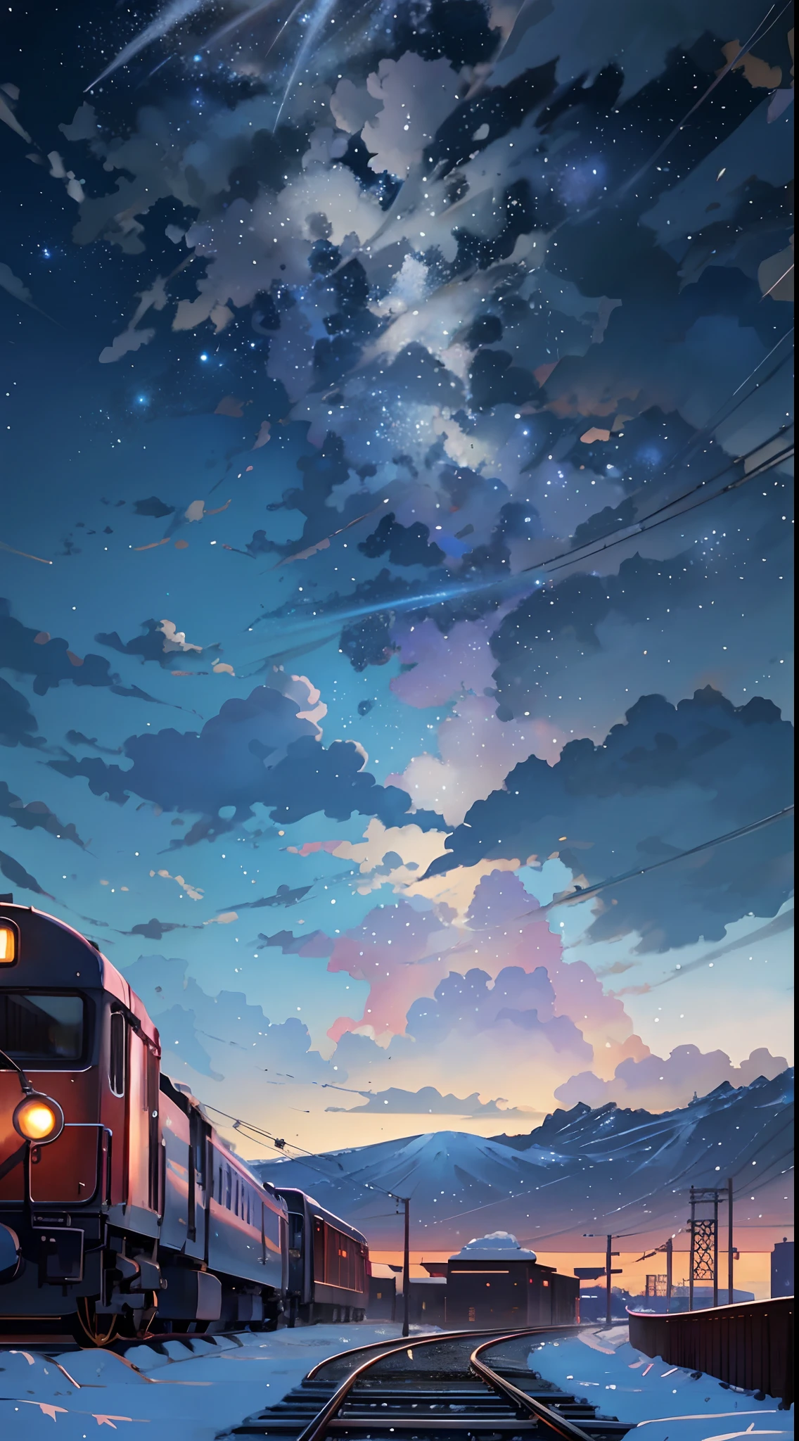 There is a train running along the tracks in the snow, Makoto Shinkai's concept art, tumblr, magic realism, beautiful anime scenes, cosmic sky. by makoto shinkai, ( ( makoto shinkai ) ), anime background art, anime backgrounds, Makoto Shinkai's style, anime movie backgrounds, galaxy express, no humans.