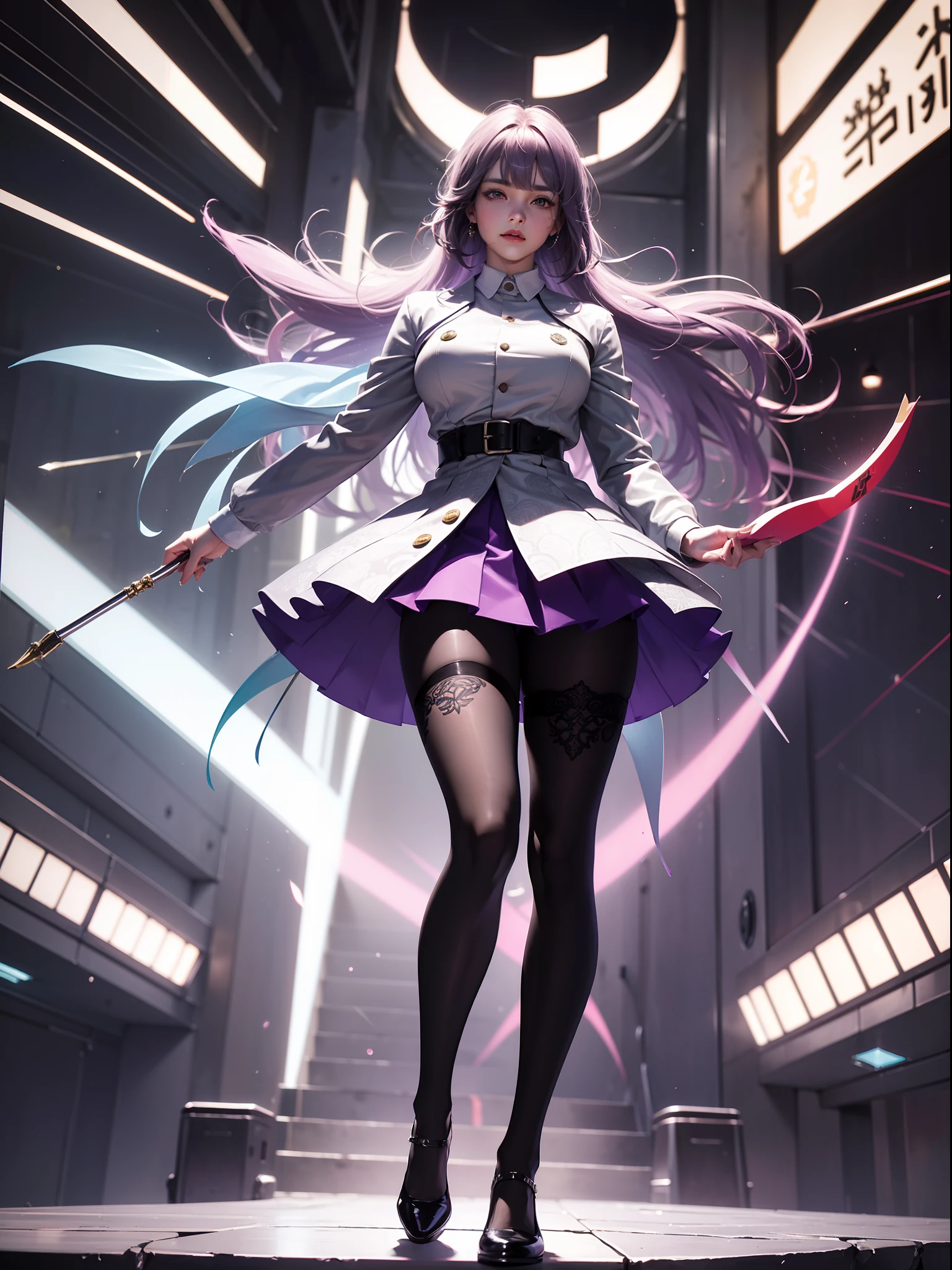 (full body:1.5)，(1girl:1.3),(looking at viewer:1.4)，(anatomy correct:1.3)，(In the paradise of the day:1.3),(Exotic style，Wearing Very thick Printed Pantyhose and JK Student Dress Printed Pleated Skirt and JK uniform leather shoes，and a large amount of jewellery :1.3), (A high jump posture:1.3),(In pink|amarelo|blue colors|green color|red colour|white colors|black in color|purpleish color|greys|Beige|Flesh color 1.4)，,(Accurate and perfect face:1.4),(Clothing Gloss:1.25),(Skin reflection:1.25),hyper HD, Ray traching, reflective light，structurally correct, Award-Awarded, high detal, lightand shade contrast, Face lighting，cinmatic lighting, tmasterpiece, super detailing, high high quality, high detal, best qualityer, 16k，high contrast,