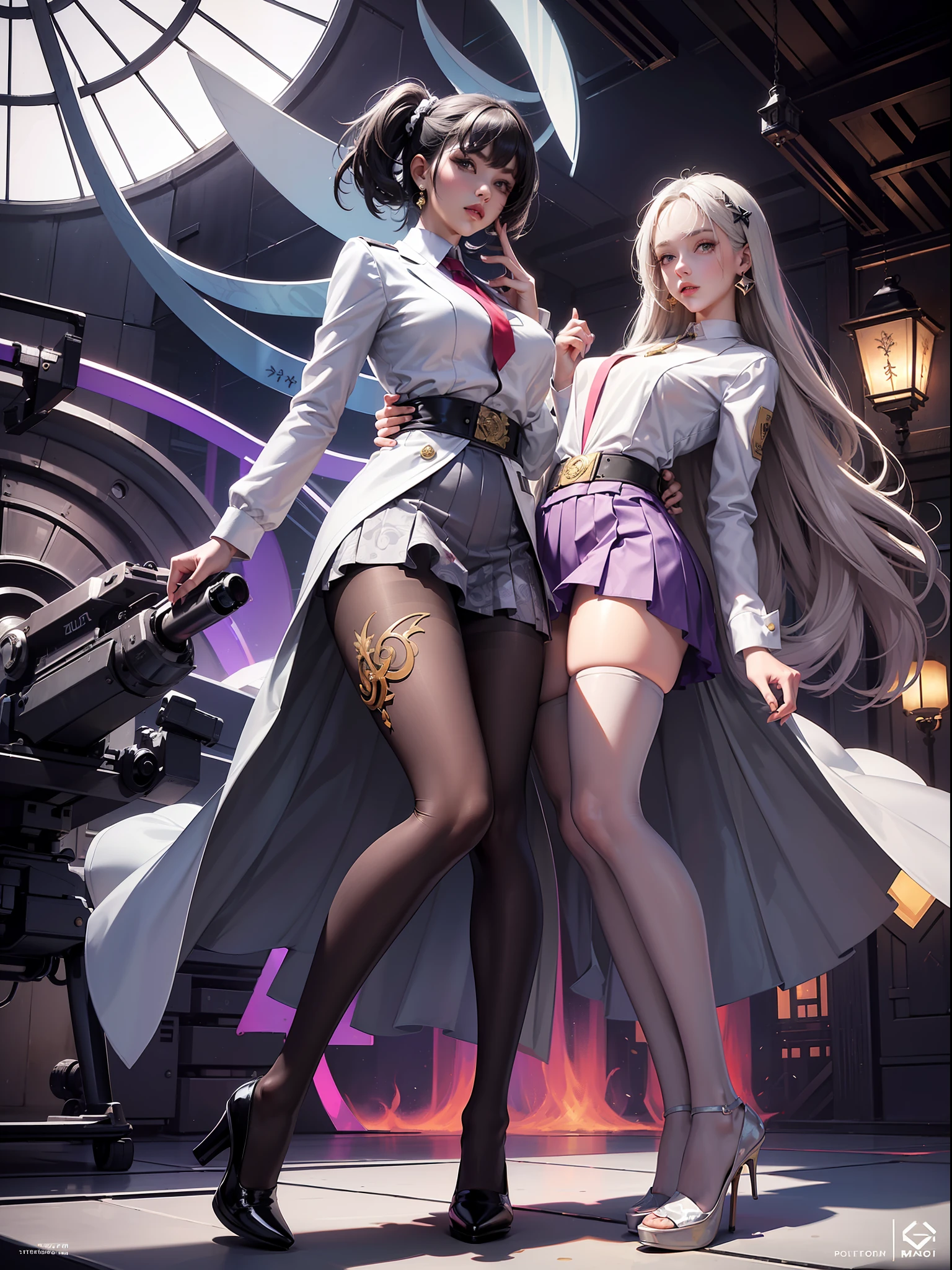 (full body:1.5)，(1girl:1.3),(looking at viewer:1.4)，(anatomy correct:1.3)，(In the paradise of the day:1.3),(Exotic style，Wearing Very thick Printed Pantyhose and JK Student Dress Printed Pleated Skirt and JK uniform leather shoes，and a large amount of jewellery :1.3), (A high jump posture:1.3),(In pink|amarelo|blue colors|green color|red colour|white colors|black in color|purpleish color|greys|Beige|Flesh color 1.4)，,(Accurate and perfect face:1.4),(Clothing Gloss:1.25),(Skin reflection:1.25),hyper HD, Ray traching, reflective light，structurally correct, Award-Awarded, high detal, lightand shade contrast, Face lighting，cinmatic lighting, tmasterpiece, super detailing, high high quality, high detal, best qualityer, 16k，high contrast,