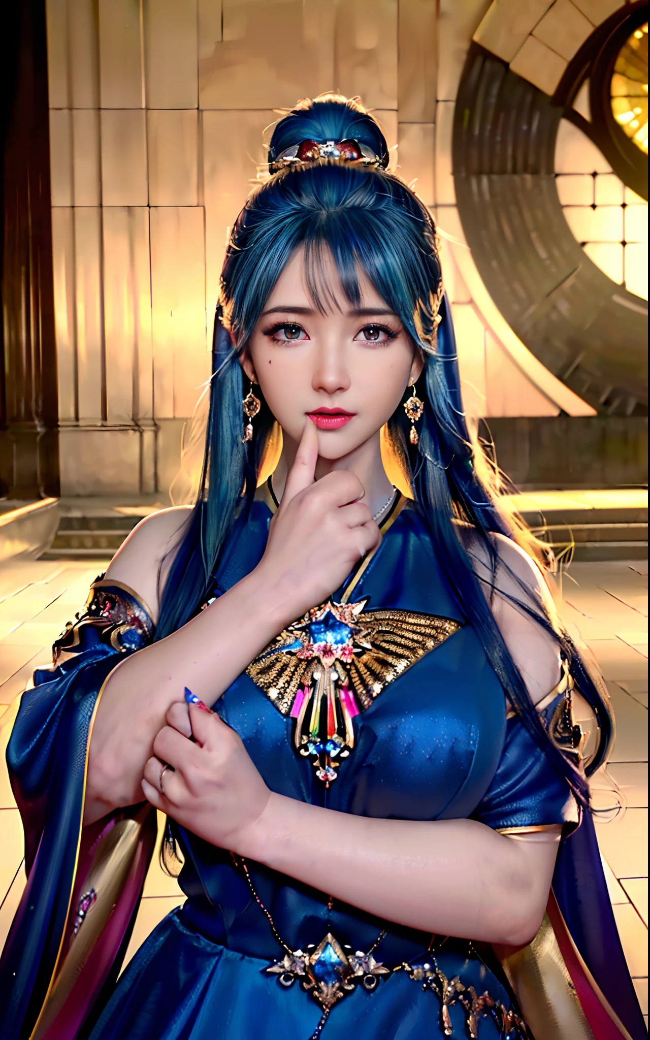 ((realisticity: 1.2)), ((realistic: 8K UHD)), ((best resolution: 8K UHD)), hyper detailed, best quality,masterpiece,highres,cg, ((1 girl hyper detailed and hyper realistic) ) , ((beautiful queen, hyper realistic and hyper detailed)),((white skin, beautiful, smooth, youthful, hyper realistic and hyper detailed )), ((Face hyper beautiful, white, hyper realistic and hyper detailed ) ), long hair, ((hyper realistic and hyper detailed dress)), solo, ((hyper realistic, hyper beautiful, beautiful and hyper detailed jewelry)), ((hyper beautiful deep red and golden yellow dress, hyper realistic and hyper detailed )) , ((Her pretty, hyper realistic, hyper detailed diamond filled earrings)), ((Her gorgeous diamond haircut, hyper realistic and hyper detailed)), ((hyper pretty upper body, hyper beautiful, hyper realistic and hyper detailed) ), ((medium breast: 1.1)), ((hyper realistic, hyper pretty, hyper detailed boobs)), ((the backgroun of the royal palace is hyper majestic, hyper realistic and hyper detailed)),((hands and palms hyper beautiful, hyper detailed, hyper realistic)), ((hyper detailed and hyper realistic fingers and fingernails)), ((hyper pretty fingernails, hyper vivid, hyper detailed, hyper realistic)), ((thumb, index finger, middle finger, ring finger, little finger hyper vivid, hyper pretty, hyper detailed, hyper realistic)),
((hyper beautiful fingers, hyper detailed, and hyper realistic)), ((posture not too fat and not too thin, hyper realistic, hyper detail)), ((hyper pretty, hyper pretty, hyper realistic and hyper detailed hair bun)), ((hyper pretty , hyper realistic and hyper detailed blue hair)), candid, Photo, high resolution, 8k , bokeh,