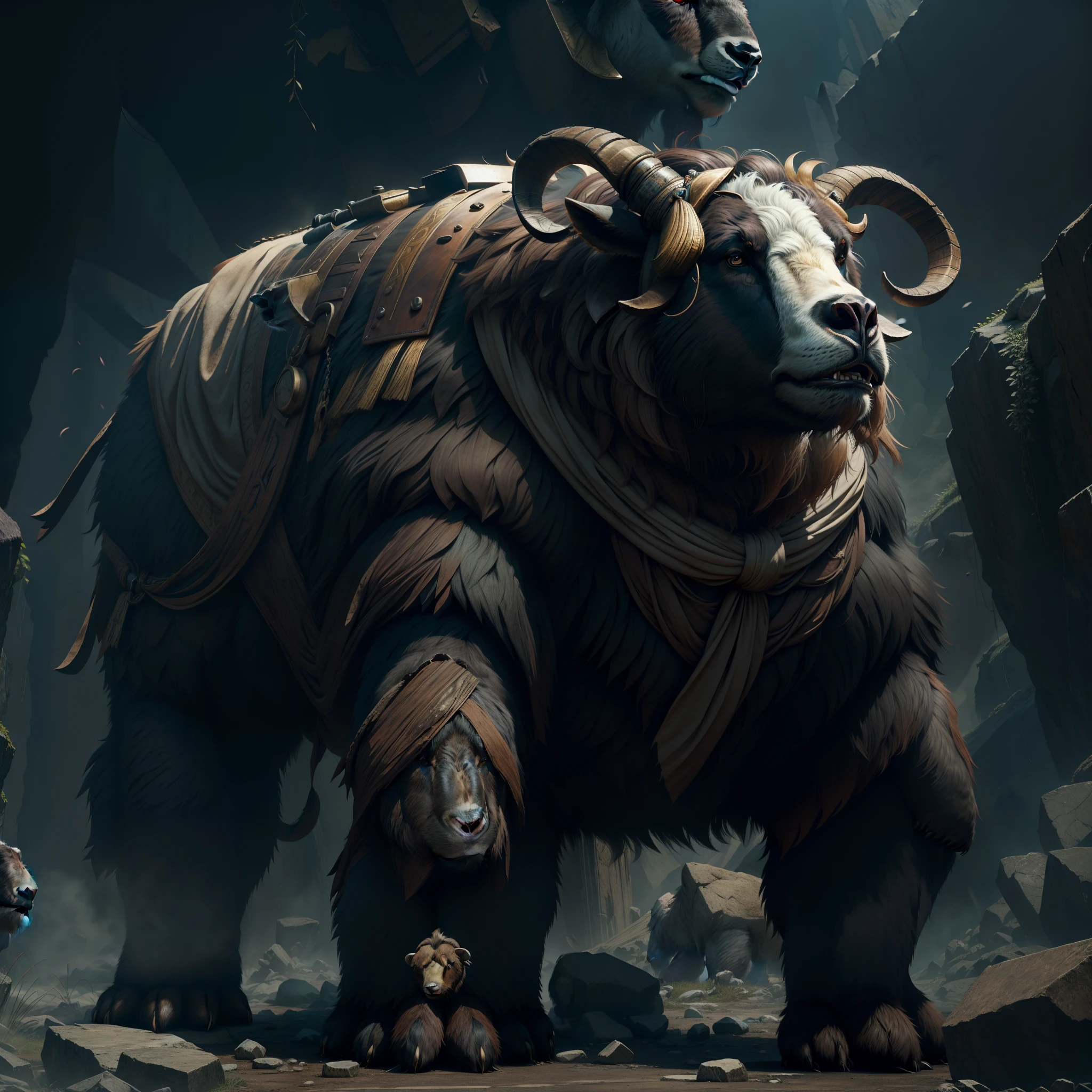 A huge bear with a goat's head, uhd, hyperdétaillée, rendu octane, magnifiques couleurs