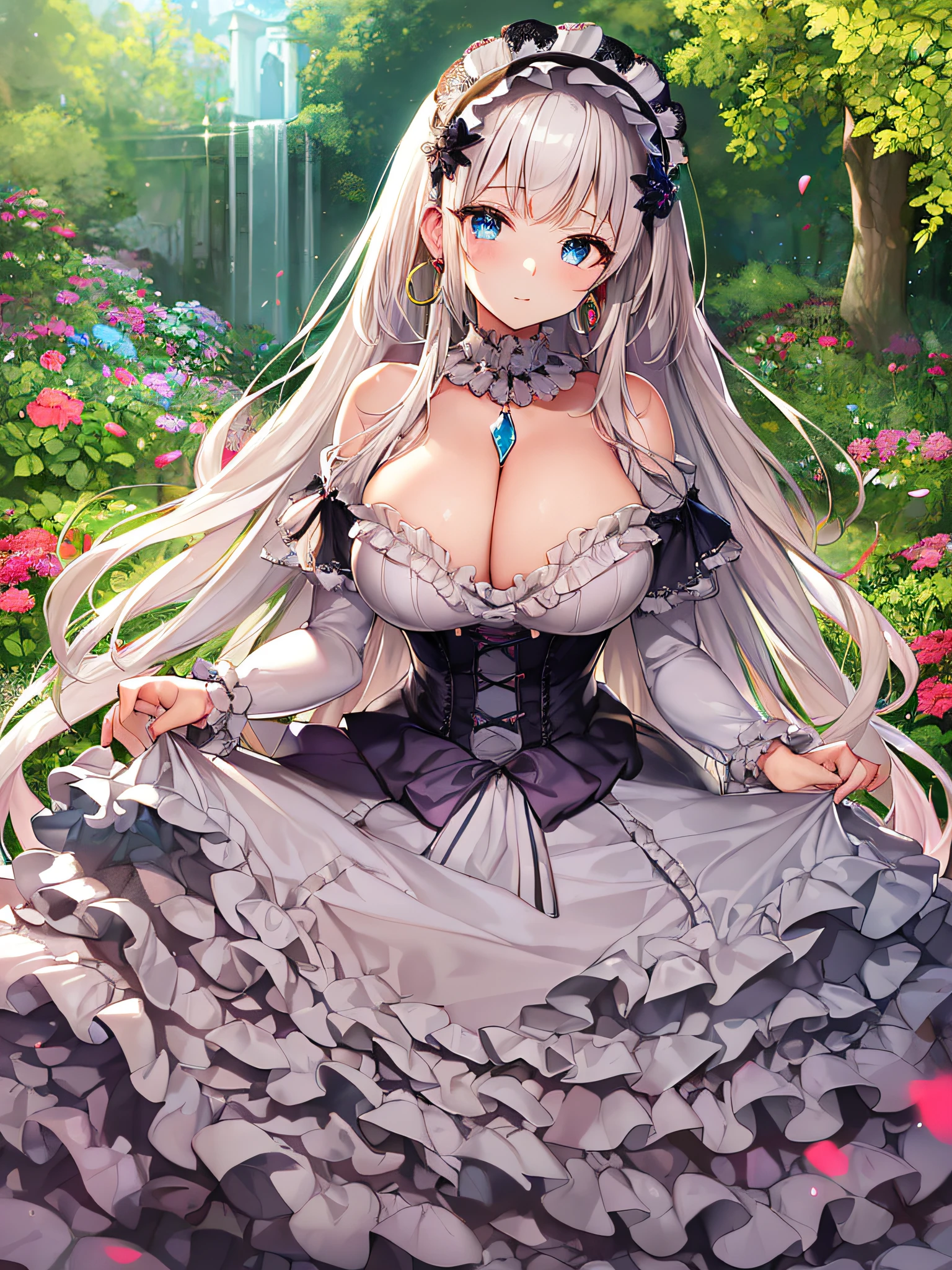 ((anime artstyle)),(Masterpiece),(Best Quality), (Super Detail),((Very Delicate and Beautiful)),(((Solo))),((full body)),(((1 princess in ****ta dress with voluminous full length hoop skirt))),((standing in garden)),Long train,(bling-bling gorgeous gemstone jewelry),detailed face and eyes,jewel-like eyes,cry,((large amount of straight hair,extremely voluminous Very Long Straight Hair)),((gigantic tits,Long tits)),cleavage,(gorgeousfull embroidery and lace),gorgeous corsage,See-through,((extremely gorgeousfull ****ta hair ornament)),bling-bling extremely gorgeousfull jeweled tiara,ornate ruffles,beautiful embroidery,(hoop skirt,crinoline),flowers, flower petals flowing,((Dynamic Angle)),Looking at viewer,((full body)),sweet ****ta dress with voluminous full length hoop skirt