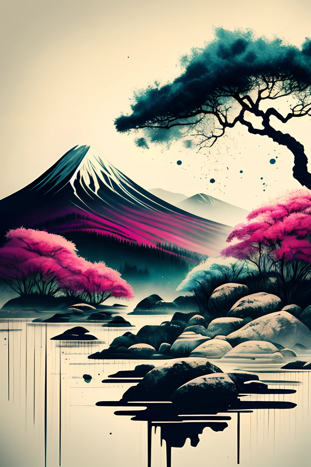 white backgrounid, scenecy, mont, Eau, the trees,Color ink,splash of color,