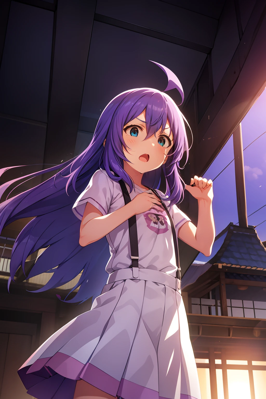 mochizuki anna,1girl in,Solo,Long hair,Purple hair,Medium chest.Ahoge,Blue eyes.Short stature.white t-shirts.suspenders.Skirt.Evening glow.the setting sun.Despair face.Sweat.Opening Mouth.up chest.Fighting stance.