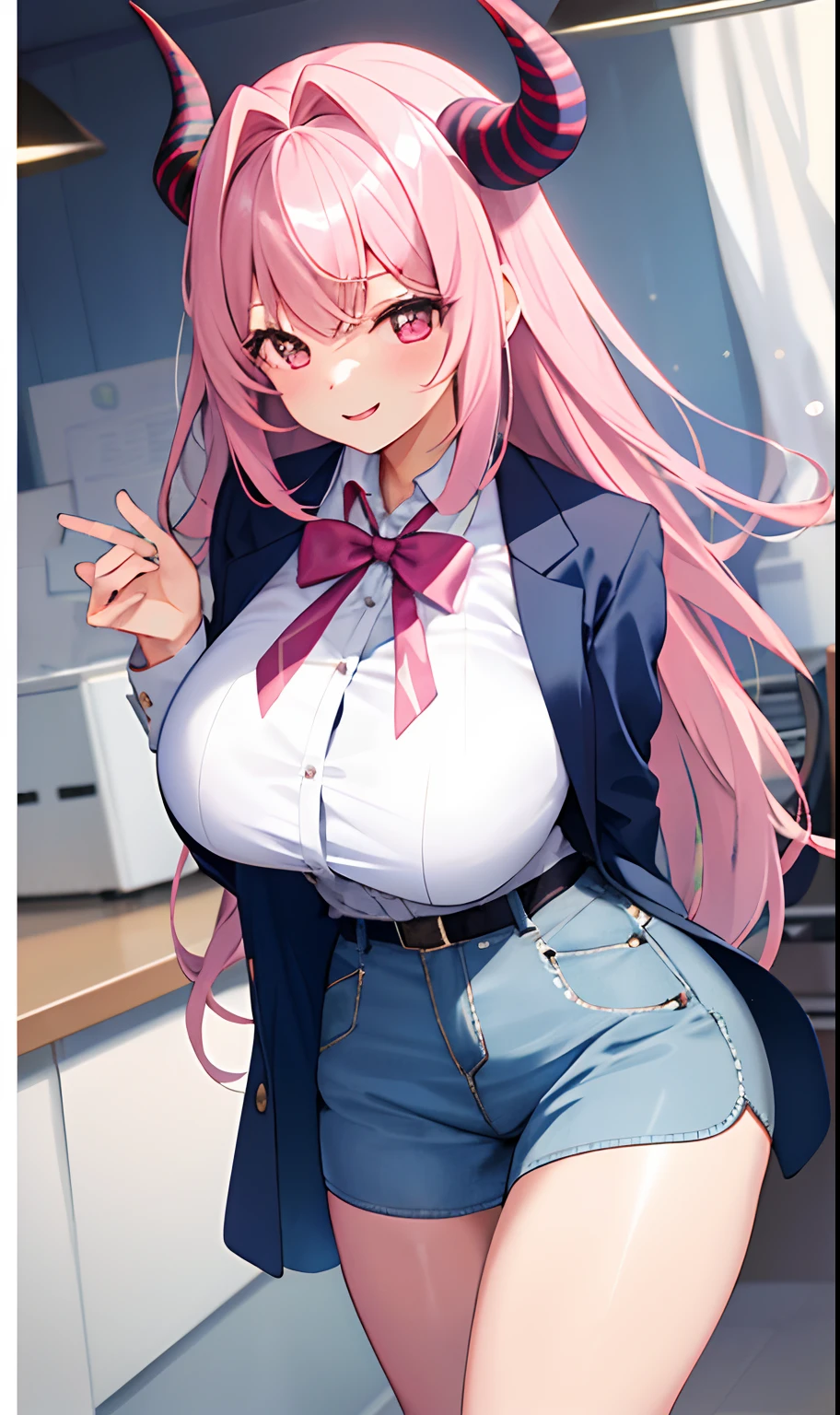 ((tmasterpiece,Need)),(1girl),((chiquita)),Light pink hair,big-areola,horn,((office lady)),By bangs,Bigchest,(plumw),slim,ssmile,[Wide hips],office,standing, aru \(blue archive\),