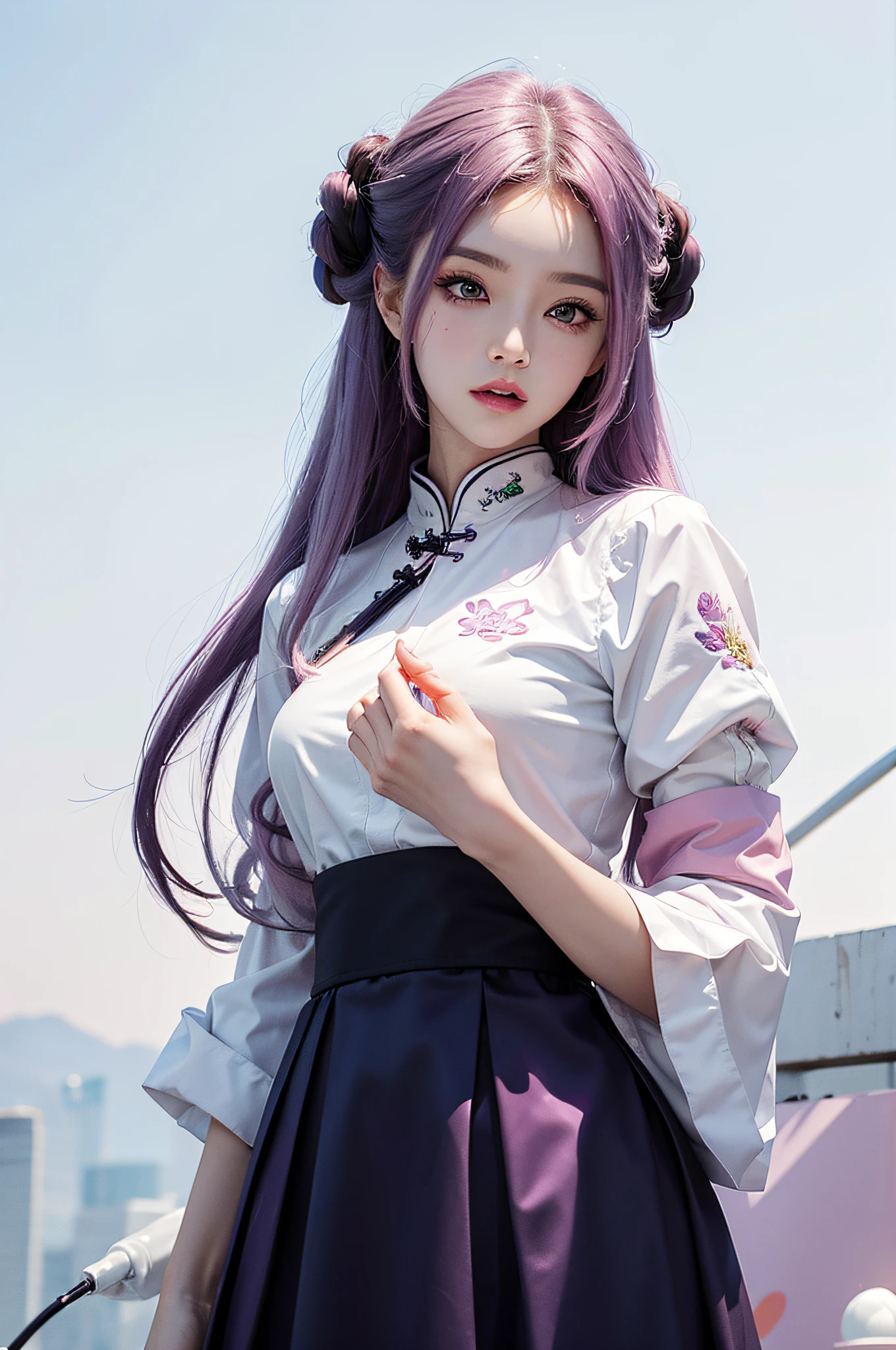 （tmasterpiece、best qualtiy、A high resolution），white backgrounid，Acrylic paints，（（Color mixing，Splash ink、Color mixing）），Sweet Chinese girl，long light purple hair，[light violet|Pink big breasts]the hair，curlies，glitters，Pink lips，white  skirt，frontage，The upper part of the body，The character is centered，Does not obscure characters，