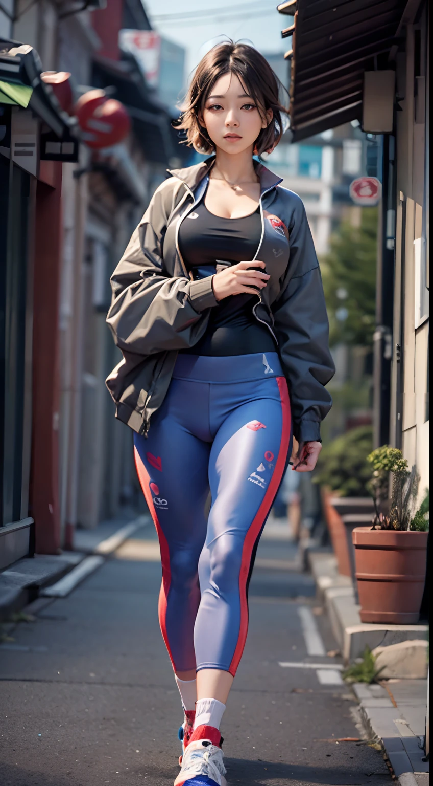 A Japanese woman walking in the city，Buildings，A plant，ssmile，Mixed Korean，The background is blurred out，focal，电影灯光，(((tmasterpiece))), ((best qualtiy)), ((Complex and detailed)), ((ultra-realistic realism)), Ridiculous resolution, A MILF, Mature woman, ssee-through, highly  detailed, illustratio, 1girll, (huge tit), Thin waist and thick hips，long leges，beatiful detailed eyes, short detailed hair, brunette color hair, a purple eye, (Sports suit:1.2),Sports coat，Sport Tank Top，track pants，Yoga pants for，Yoga Wear，Physical Education Student，sports watch，athletic sneakers，gossamer，（underdressing）, pantiess, Sports socks，detailed back ground, perfect  eyes, Seductive eye, looking at viewert, From the front，Wear light，