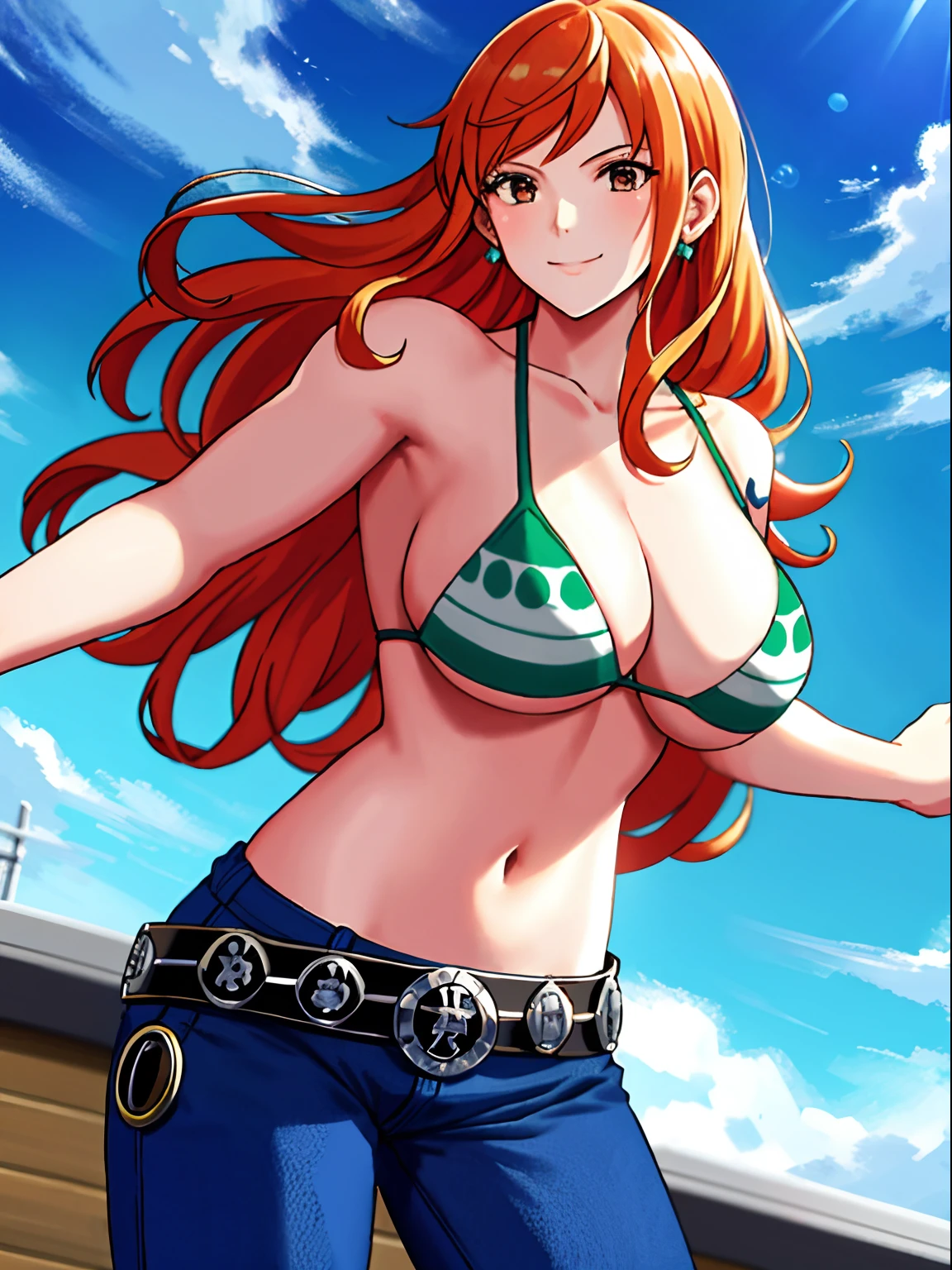 detailed background, masterpiece, 2k, center on face, nip slip, best quality, 1girl, solo, nami \(one piece\), 1girl, bangle, out of frame, detailed arms, strong arms, straightened arms, muscular body, flex muscles, seductive, wrestling entrance, bangs, bare shoulders, belt, bikini, bikini top only, blue sky, bracelet, breasts, brown eyes, bubble, cleavage, cloud, cowboy shot, day, denim, earrings, floating hair, green belt, green bikini, groin, jeans, jewelry, medium breasts, log pose, long hair, looking at viewer, navel, orange hair, pants, shoulder tattoo, sidelocks, sky, smile, solo, standing, stomach, swimsuit, tattoo ,