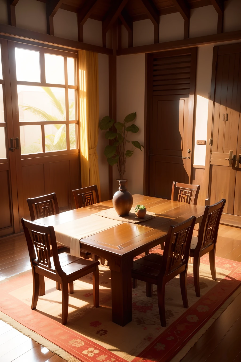 wooden table in Vietnamese style, warm and luxury mood