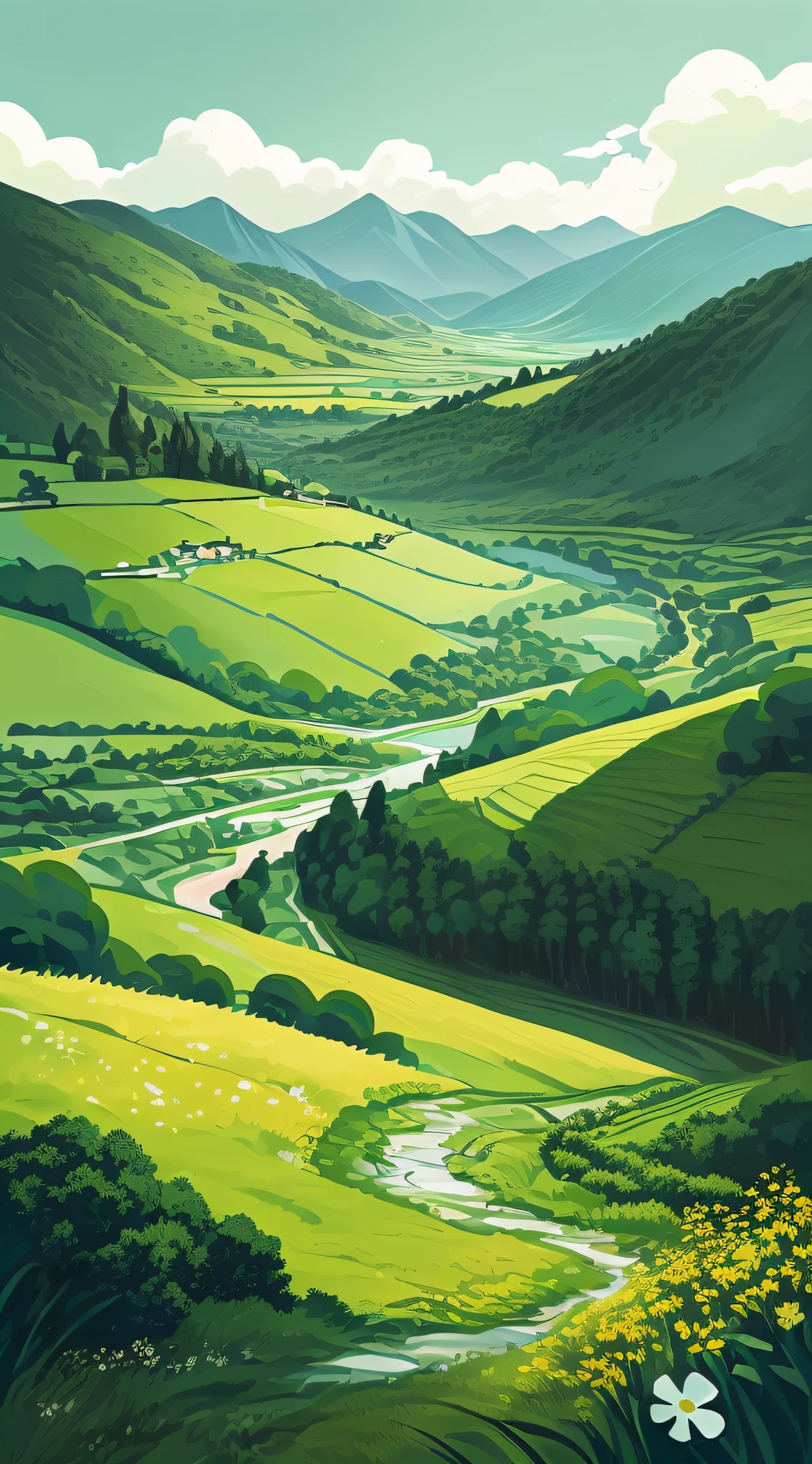A bird flew over a green field with flowers, Landscape illustration, arte de fundo, Detailed scenery —width 672, background artwork, lush countryside, airy landscape, landscape artwork, Valle exuberante, anime countryside landscape, flowing hills, lush scenery, Landscape background, scenery art detailed, summer landscape with mountain, Landscape wallpaper, lush scenery, rolling foothills