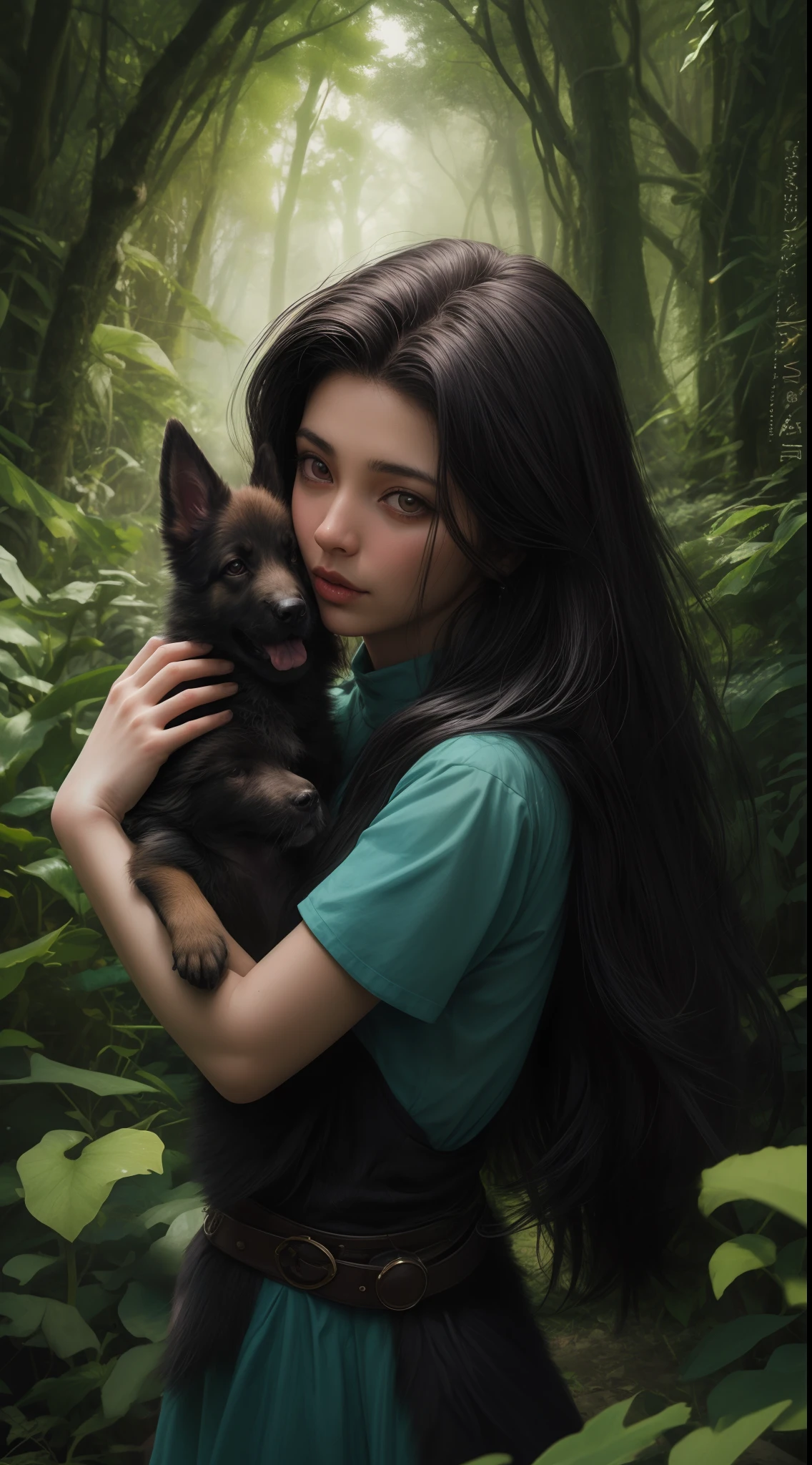 1 garota morena ,de cabelo ruivo , 5-fingered hands, Hugging a German Shepherd puppy, Camera angle up close,em uma selva com cores vivas ,8K Ultra realista