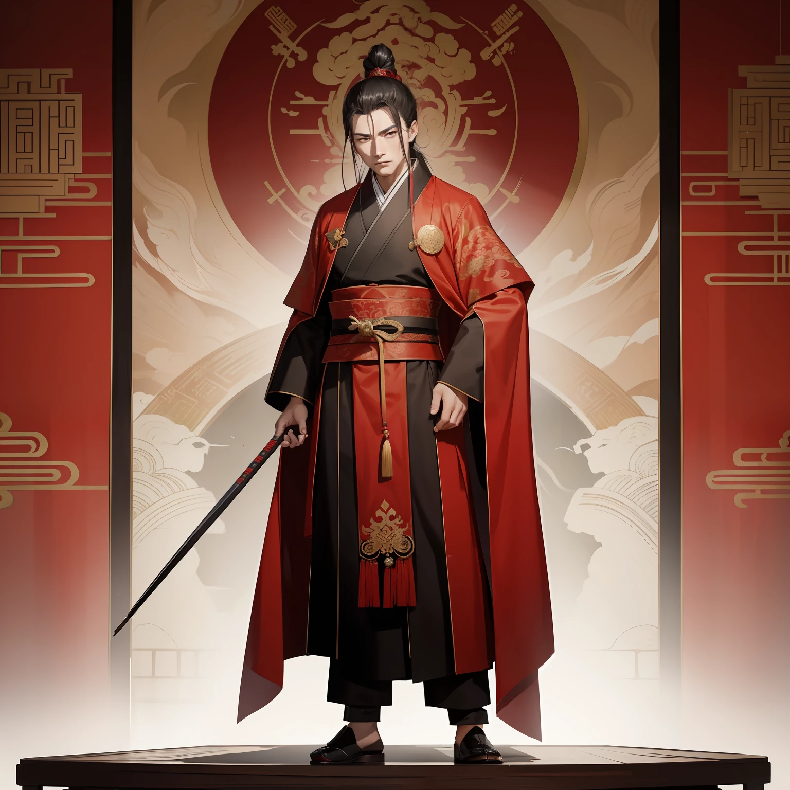 (high detal+8K分辨率)Shogun，Male characters，0.7,,Homem de meia idade,Majesty，Red robe，Black robe，chinese paintings，National style，Chinese Ancient Times，Chinese-style palace，Majesty，Standing drawings of characters，Individual roles，The picture is gloomy