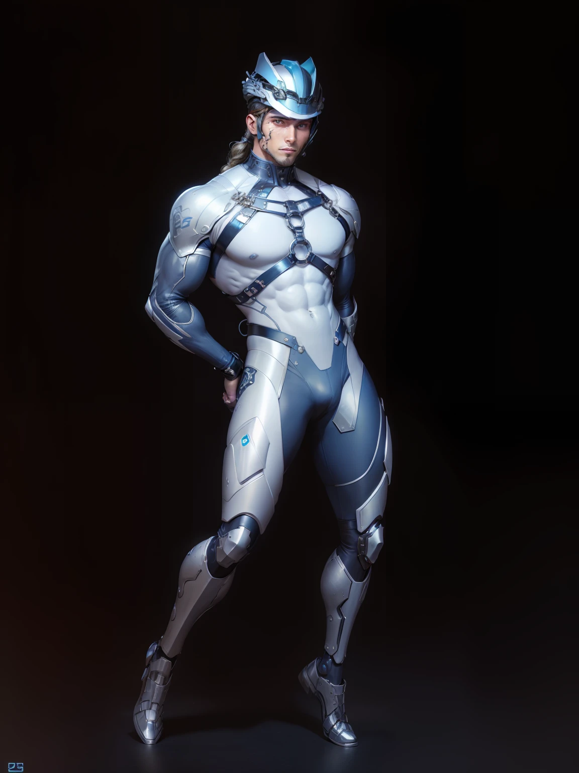 G is so handsome, So handsome, Expose muscles，Wear a mechanical helmet，（Exposing the pectoral muscles）Mechanical wind，future-tech，Raised sexy，nakeness，The skin is combined with the instrument，so charming and holy, Hot face, top handsome guy，Sky blue and lilac，white colors