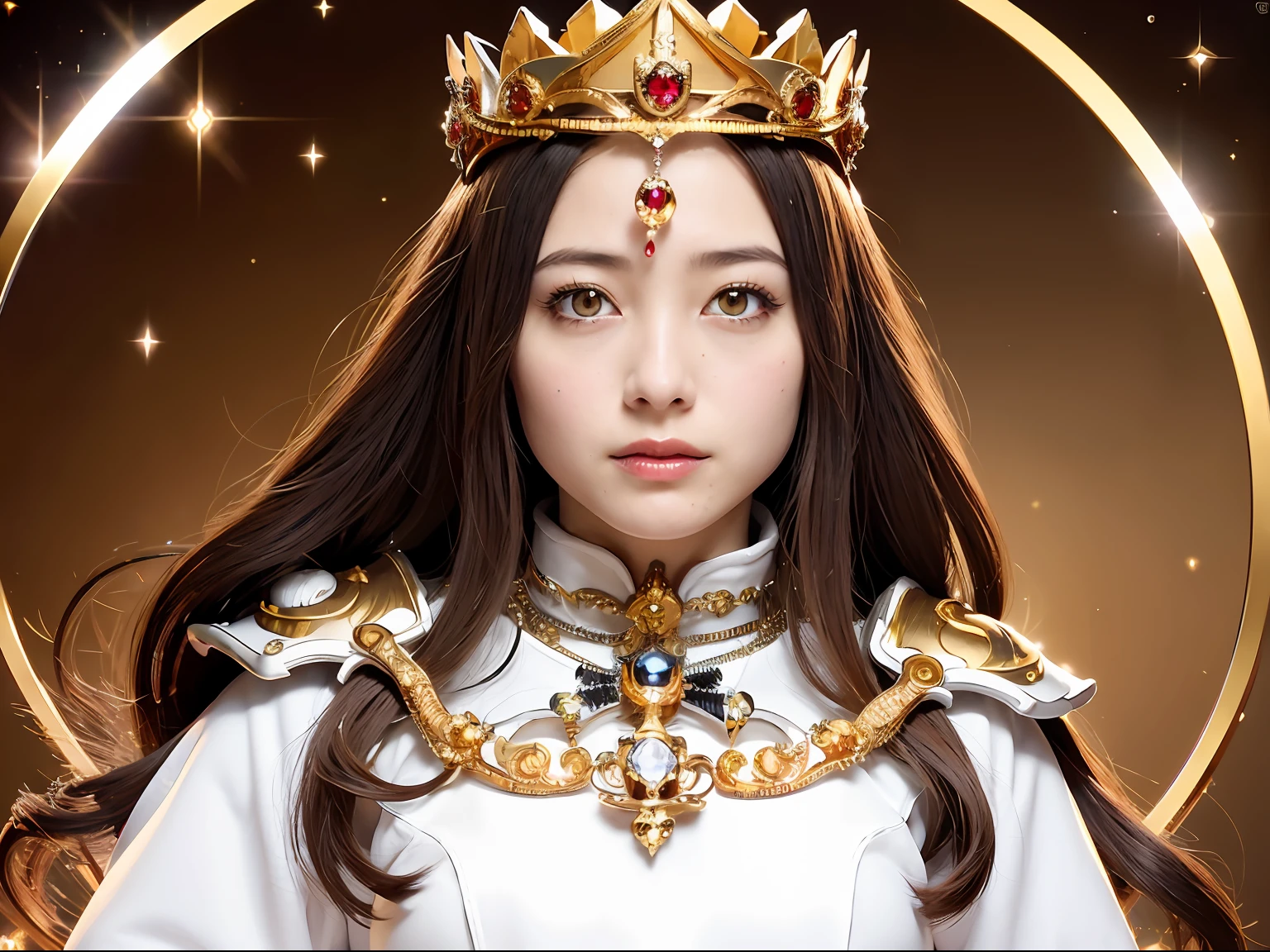 (masutepiece), Professional , masterpiece、top-quality、photos realistic , depth of fields (Gemstone Silver Metal Body:1.9),(Matte White、Particles of light、Jewel Gold Weapon(Jewel Metal Body:1.4),Gorgeous metal weapons , Detailed Sword of the Brave , Beautiful knife ,warhammer 40k , adepta sororitas,Detail and ornate jewel crown、Particles of light、Brown hair、Gangle's forest background、Beautiful Caucasian beauty、1a person、dynamic ungle,(((Detailed and ornate diamond crown)))、Particles of light、Mystical expression、Smaller head、A smile、Take a seductive pose、Background inside the castle、