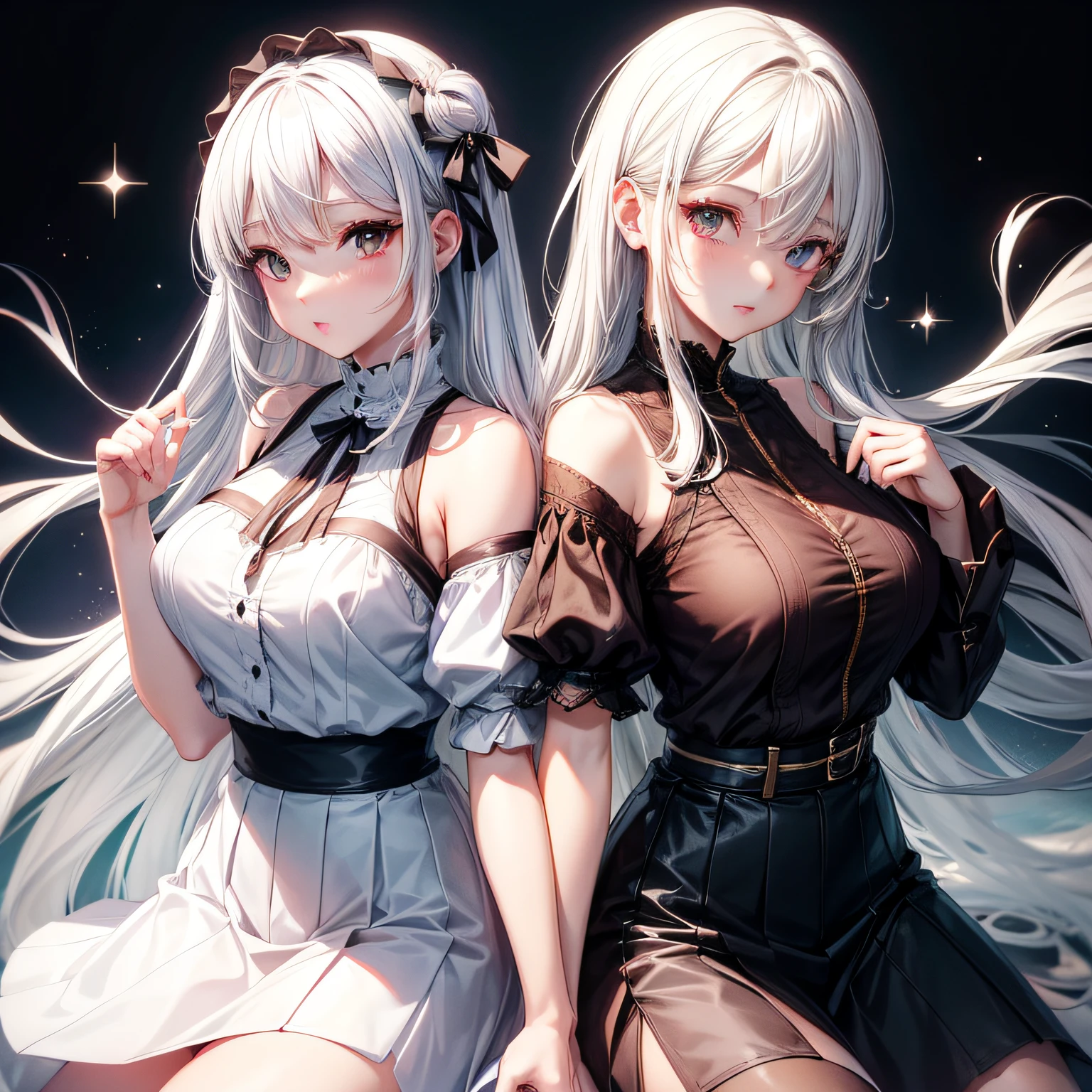 女の子1人、white  hair、dark brown eyes、radiant eyes、cropped top、skirt by the、Parted lips、
