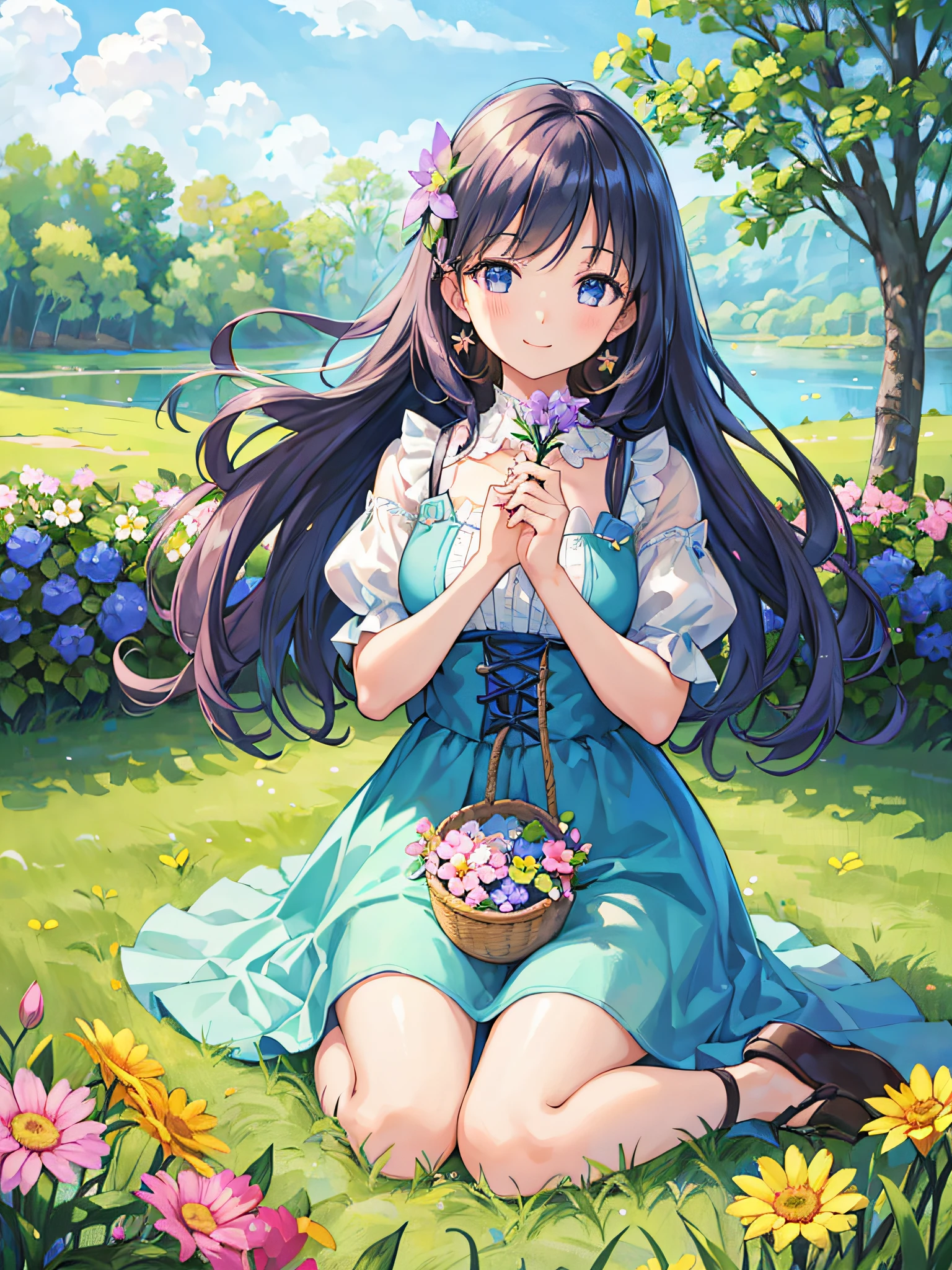 1girl, solo, Fun, Happy, smiling, looking at cloud, (flower field of Eden: 1.2), River side, Picks flowers, front of forest, The girl kneels & opens her mouth to sing, (Best quality), (masterpiece:1.3), (photorealistic:1.36), (realistic), Hi-resolution, (Highly detailed CG Unity 8k wallpaper), depth of field, Smooth hair, detailed hair, very fine hair, High-waisted dresses, puff sleeves, spring sunshine, spring flowers and grasses, natural light, Very beautiful and fantastic space. Slightly distant view, landscape-centric,