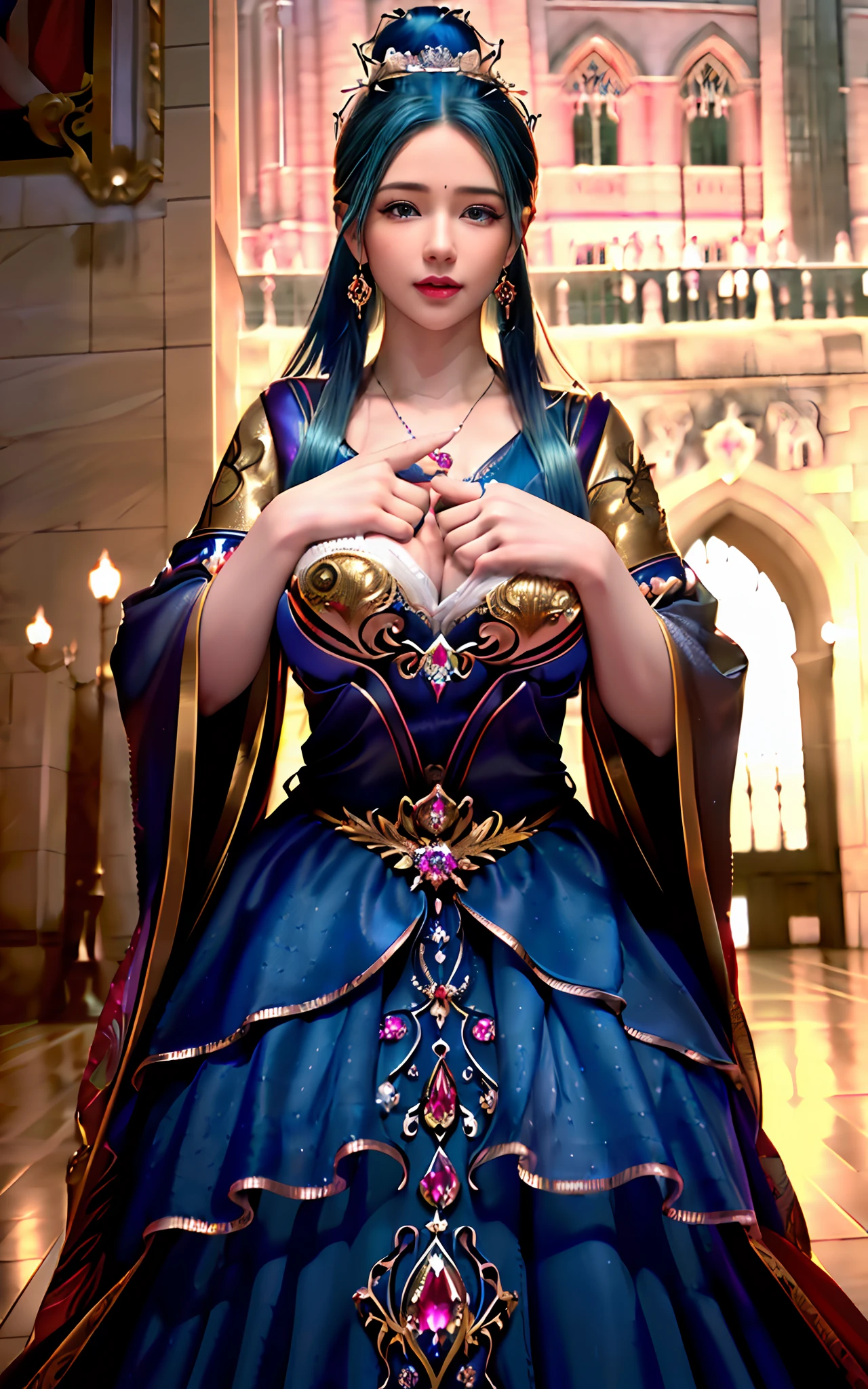 ((realisticity: 1.2)), ((realistic: 8K UHD)), ((best resolution: 8K UHD)), hyper detailed, best quality,masterpiece,highres,cg, ((1 girl hyper detailed and hyper realistic) ) , ((beautiful queen, hyper realistic and hyper detailed)),((white skin, beautiful, smooth, youthful, hyper realistic and hyper detailed )), ((Face hyper beautiful, white, hyper realistic and hyper detailed ) ), long hair, ((hyper realistic and hyper detailed dress)), solo, ((hyper realistic, hyper beautiful, beautiful and hyper detailed jewelry)), ((hyper beautiful deep red and golden yellow dress, hyper realistic and hyper detailed )) , ((Her pretty, hyper realistic, hyper detailed diamond filled earrings)), ((Her gorgeous diamond haircut, hyper realistic and hyper detailed)), ((hyper pretty upper body, hyper beautiful, hyper realistic and hyper detailed) ), ((medium breast: 1.1)), ((hyper realistic, hyper pretty, hyper detailed boobs)), ((the backgroun of the royal palace is hyper majestic, hyper realistic and hyper detailed)),((hands and palms hyper beautiful, hyper detailed, hyper realistic)), ((hyper detailed and hyper realistic fingers and fingernails)), ((hyper pretty fingernails, hyper vivid, hyper detailed, hyper realistic)), ((thumb, index finger, middle finger, ring finger, little finger hyper vivid, hyper pretty, hyper detailed, hyper realistic)),  
((hyper beautiful fingers, hyper detailed, and hyper realistic)), ((posture not too fat and not too thin, hyper realistic, hyper detail)), ((hyper pretty, hyper pretty, hyper realistic and hyper detailed hair bun)), ((hyper pretty , hyper realistic and hyper detailed blue hair)), candid, Photo, high resolution, 8k , bokeh,