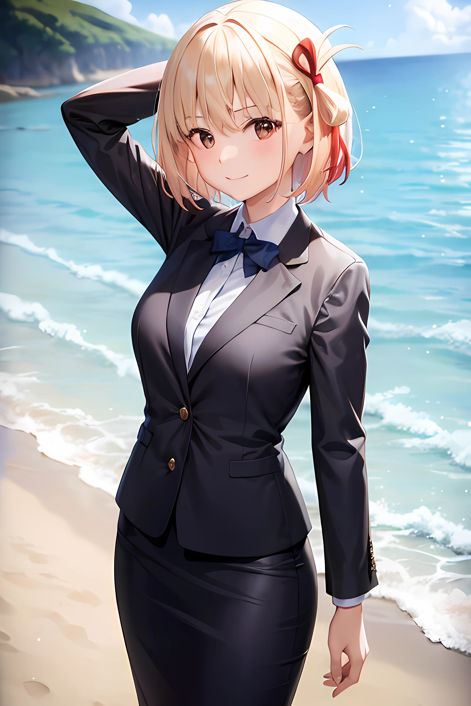 1girl, chisato nishikigi, suit, beach background, office lady, black skirt, black blazer, pencil skirt, white shirt, blonde hair, bob cut, hair ornament, red hair ribbon, short smile, teenager,