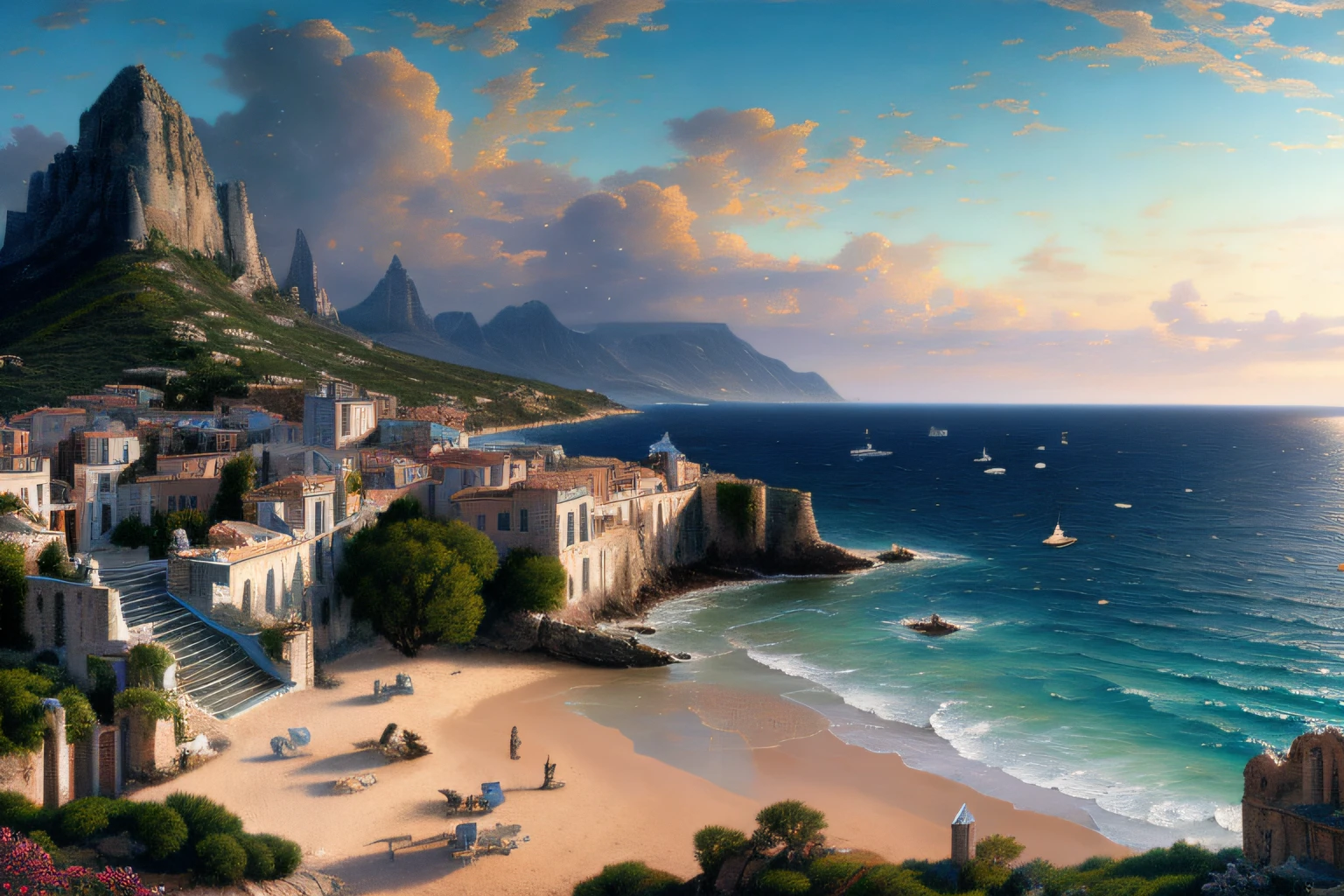 Paysage mer cristalline bleu profond, , Eau cristalline, ciel azur lumineux, ,(Highly detailed CG Unit 8k wallpaper), The most beautiful work of art in the world, Professional majestic oil painting, complexe, High detail, mise au point nette, dramatique, Art of photorealist painting, Alma Tadema