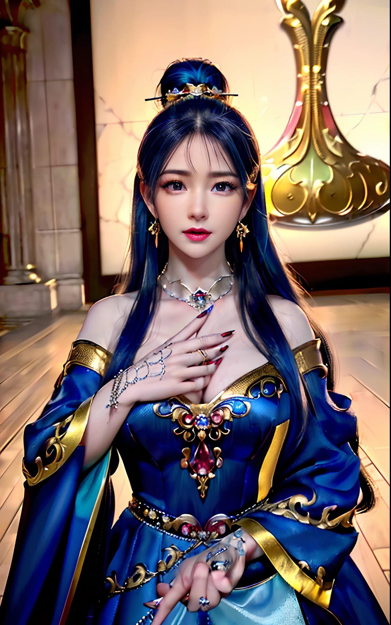 ((realisticity: 1.2)), ((realistic: 8K UHD)), ((best resolution: 8K UHD)), hyper detailed, best quality,masterpiece,highres,cg, ((1 girl hyper detailed and hyper realistic) ) , ((beautiful queen, hyper realistic and hyper detailed)),((white skin, beautiful, smooth, youthful, hyper realistic and hyper detailed )), ((Face hyper beautiful, white, hyper realistic and hyper detailed ) ), long hair, ((hyper realistic and hyper detailed dress)), solo, ((hyper realistic, hyper beautiful, beautiful and hyper detailed jewelry)), ((hyper beautiful deep red and golden yellow dress, hyper realistic and hyper detailed )) , ((Her pretty, hyper realistic, hyper detailed diamond filled earrings)), ((Her gorgeous diamond haircut, hyper realistic and hyper detailed)), ((hyper pretty upper body, hyper beautiful, hyper realistic and hyper detailed) ), ((medium breast: 1.1)), ((hyper realistic, hyper pretty, hyper detailed boobs)), ((the backgroun of the royal palace is hyper majestic, hyper realistic and hyper detailed)),((hands and palms hyper beautiful, hyper detailed, hyper realistic)), ((hyper detailed and hyper realistic fingers and fingernails)), ((hyper pretty fingernails, hyper vivid, hyper detailed, hyper realistic)), ((thumb, index finger, middle finger, ring finger, little finger hyper vivid, hyper pretty, hyper detailed, hyper realistic)),
((hyper beautiful fingers, hyper detailed, and hyper realistic)), ((posture not too fat and not too thin, hyper realistic, hyper detail)), ((hyper pretty, hyper pretty, hyper realistic and hyper detailed hair bun)), ((hyper pretty , hyper realistic and hyper detailed blue hair)), candid, Photo, high resolution, 8k , bokeh,