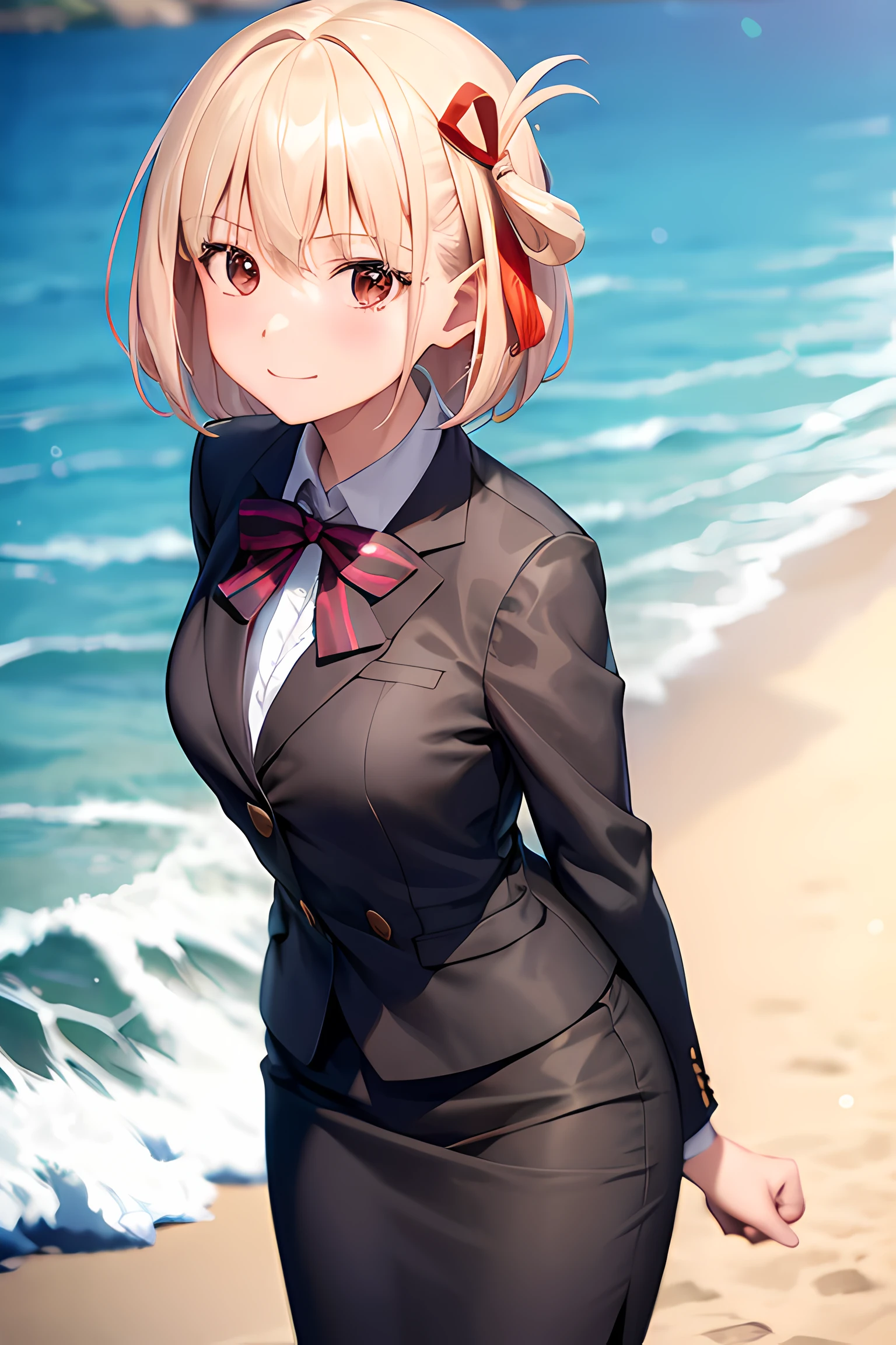 1girl, chisato nishikigi, suit, beach background, office lady, black skirt, black blazer, pencil skirt, white shirt, blonde hair, bob cut, hair ornament, red hair ribbon, short smile, ager,