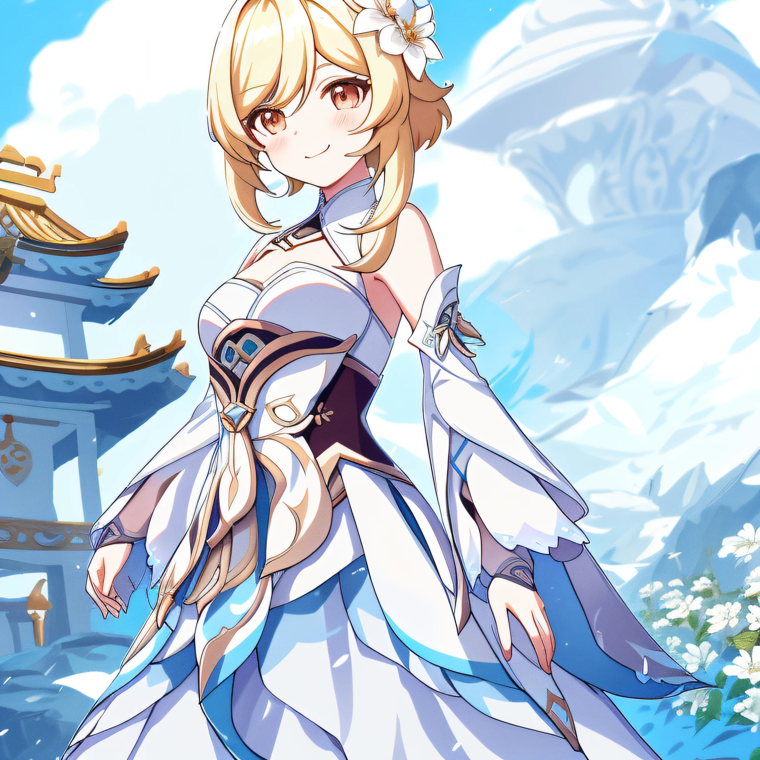 lumine_genshin_impack, 1girl, breasts, detached_sleeves, flower, upper_body, hair_flower, hair_ornament, long_sleeves, medium_breasts,  solo, standing,white_dress, white_flower, white_legwear,
 smile, blush,
outdoors,blue sky,  temple, looking at viewer, mountain,