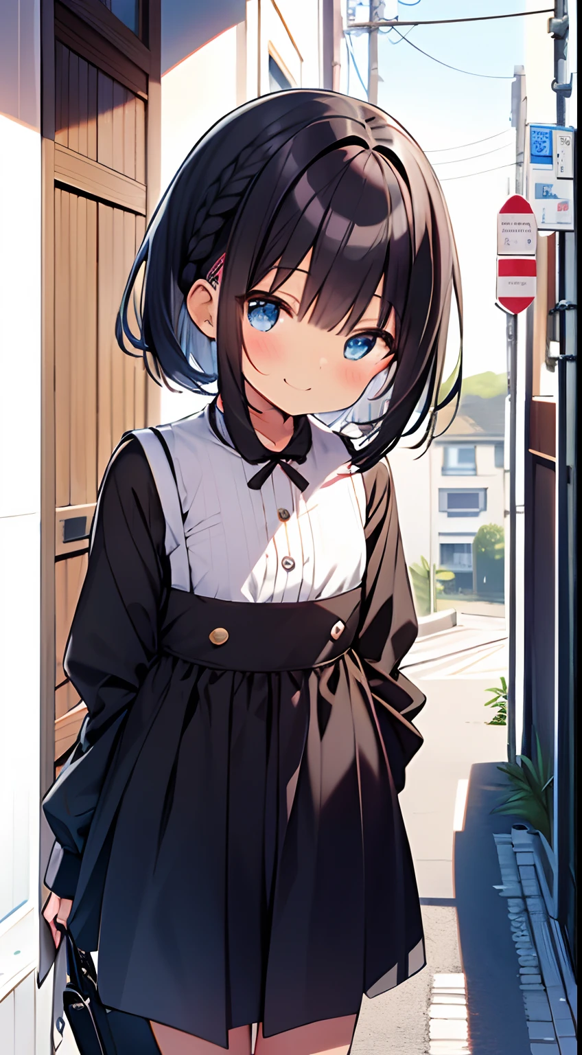 masutepiece, Best Quality,Illustration, Wallpaper, Ultra Detail, 1little girl,Solo,Beautiful detailed eyes,Very thick contour lines、Medium Short-Cut Hair、Short, Braided hair、(校服)、Dark hair color、A smile、Walking next door、Kamimei、Overlooking angle:1.2