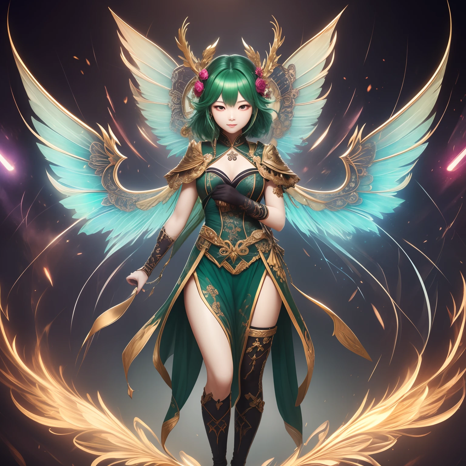 Full body portrait, Dark Elves, (top-quality, 8K, masterpiece: 1.3), Green hair, petite body, (beautifully detailed eyes), (super detailing), (desktop wallpaper), (详细的脸), Ray Glow, optics, Panoramic illumination, Atmospheric perspective, zori, Anti-aliasing: 5D, lightpainting, color, beautiful countenance, Perfect body beauty: 1.4, Clear facial features, Symmetrical transparent wings, stunning detail、Very Shorthair、winc