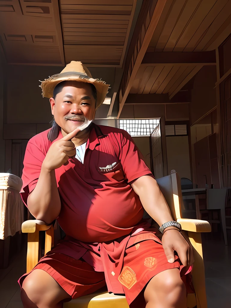 there is a man sitting on a chair giving a thumbs up, inspired by I Ketut Soki, with cigar, he is about 5 0 years old, he is about 50 years old, ramil sunga, he is about 6 0 years old, he is about 60 years old, potrait, thawan duchanee, hideo minaba