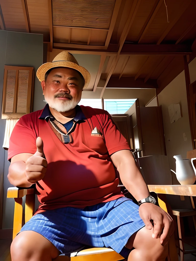 there is a man sitting on a chair giving a thumbs up, inspired by I Ketut Soki, with cigar, he is about 5 0 years old, he is about 50 years old, ramil sunga, he is about 6 0 years old, he is about 60 years old, potrait, thawan duchanee, hideo minaba
